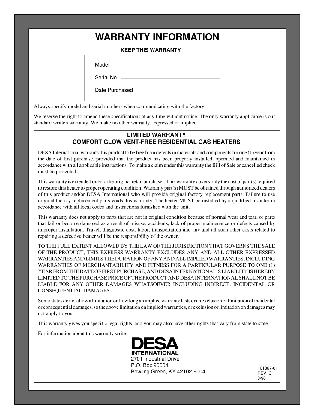 Desa CGN10R installation manual Warranty Information, Keep this Warranty 