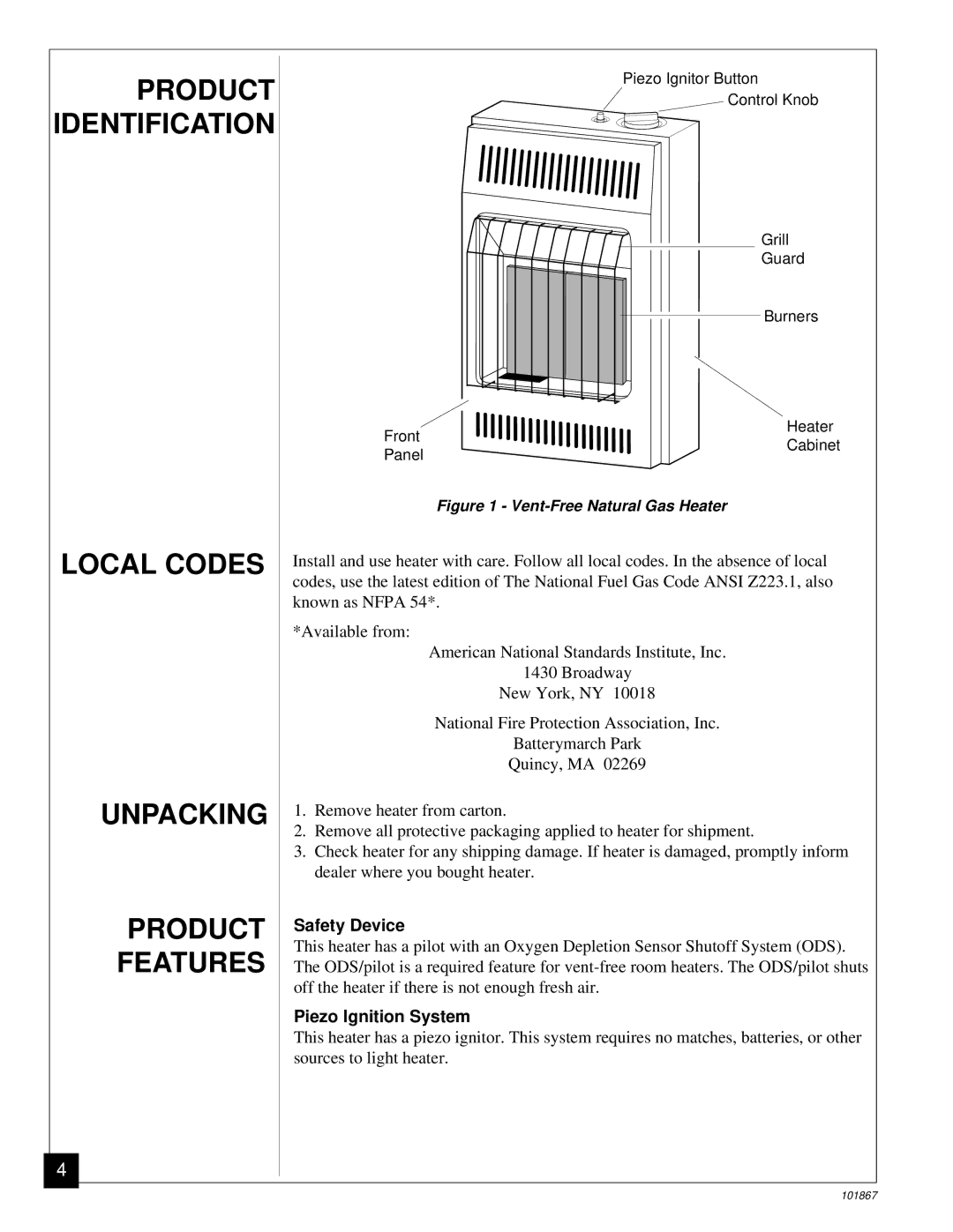 Desa CGN10R Product Identification, Local Codes Unpacking Product Features, Safety Device, Piezo Ignition System 