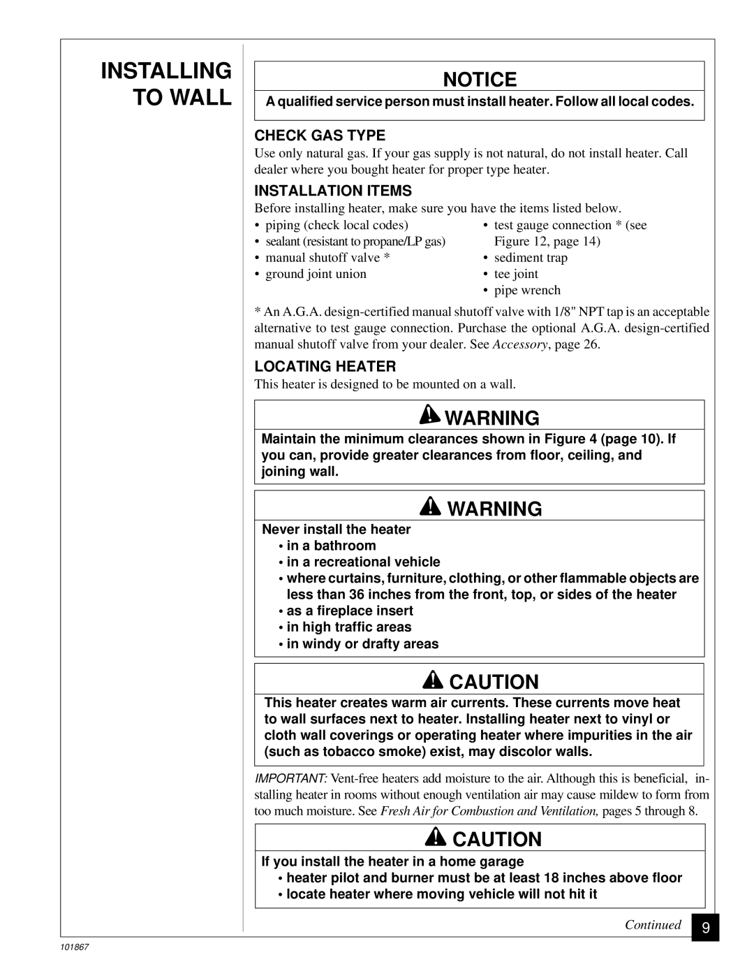 Desa CGN10R installation manual Check GAS Type, Installation Items, Locating Heater 