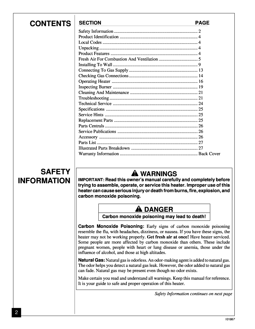 Desa CGN10R installation manual Contents Safety Information, Warnings, Danger, Safety Information continues on next page 