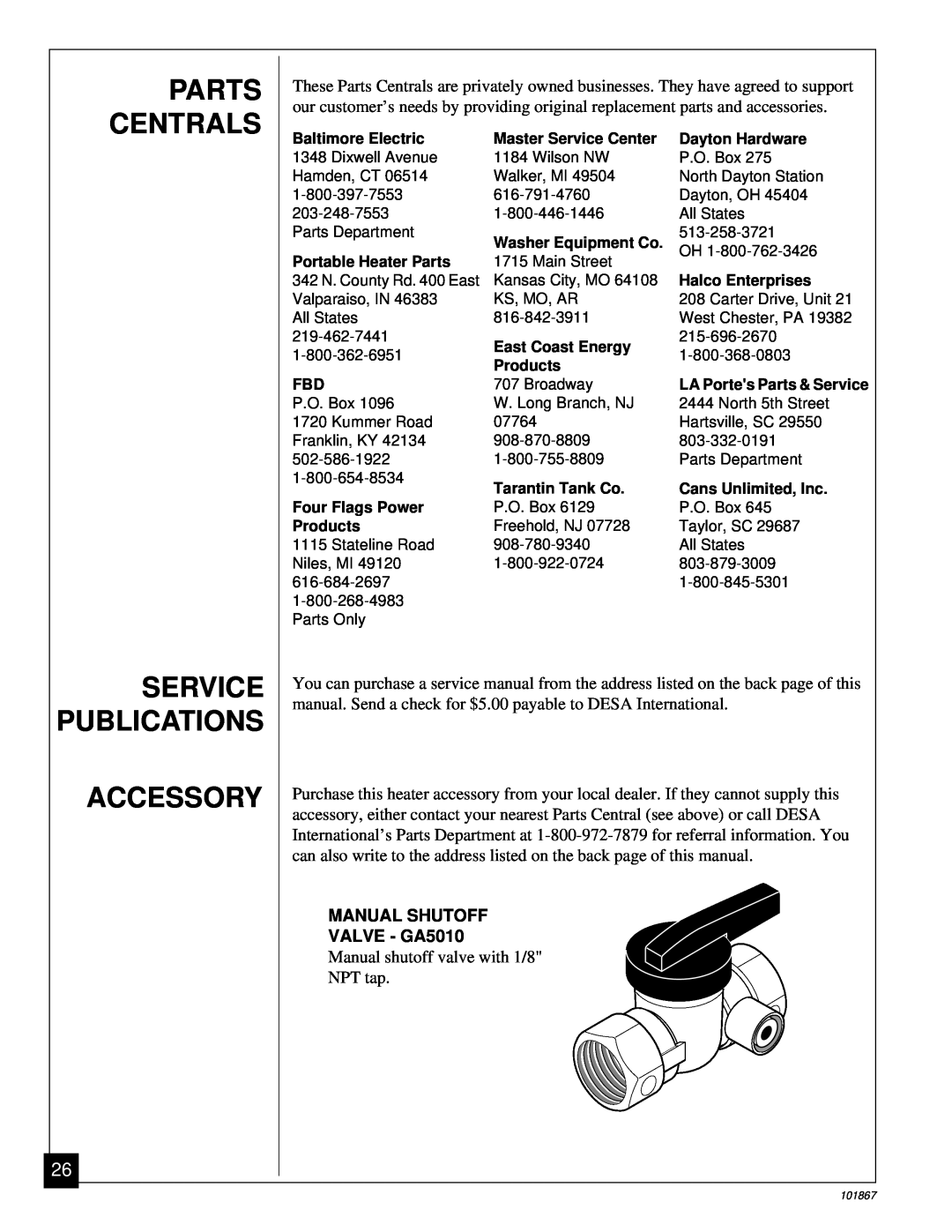 Desa CGN10R installation manual Parts Centrals, Service Publications Accessory, MANUAL SHUTOFF VALVE - GA5010 