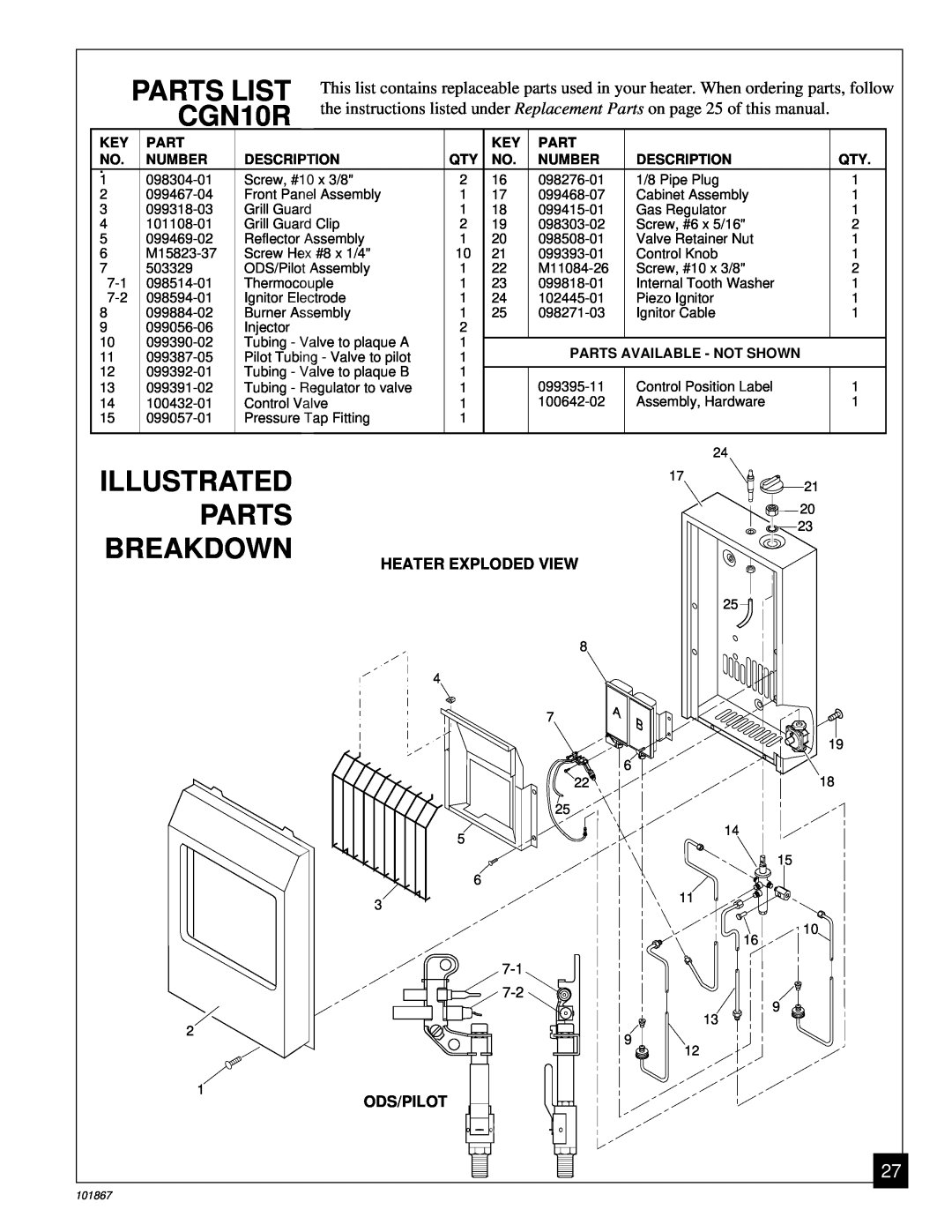 Desa Illustrated Parts Breakdown, PARTS LIST CGN10R, Number, Description, Parts Available - Not Shown, GRHpv013.U 