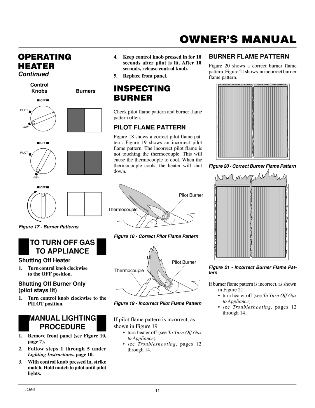 Desa CGN10RL installation manual Inspecting Burner, Burner Flame Pattern, Pilot Flame Pattern, Shutting Off Heater 