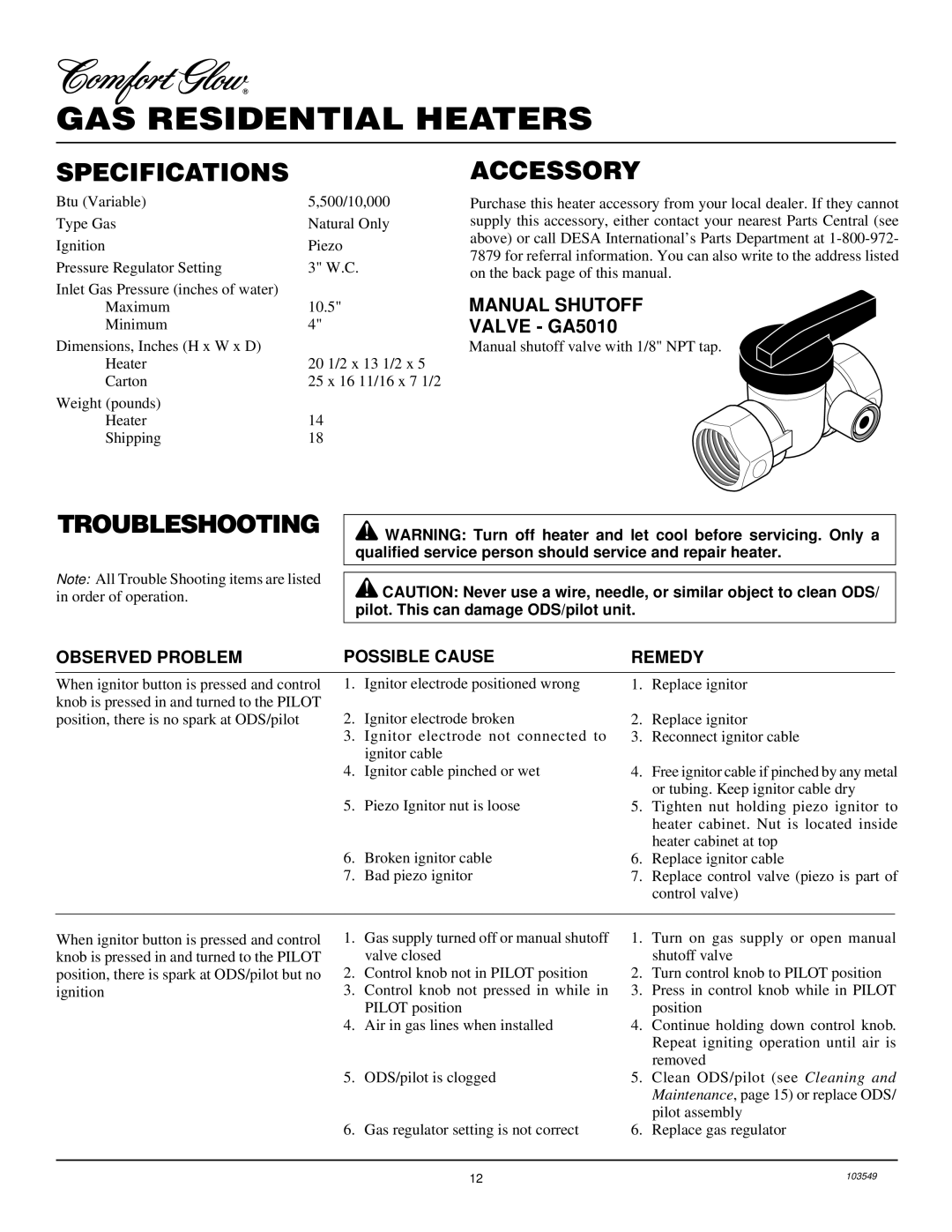 Desa CGN10RL Specifications, Accessory, Troubleshooting, Manual Shutoff, Observed Problem Possible Cause 