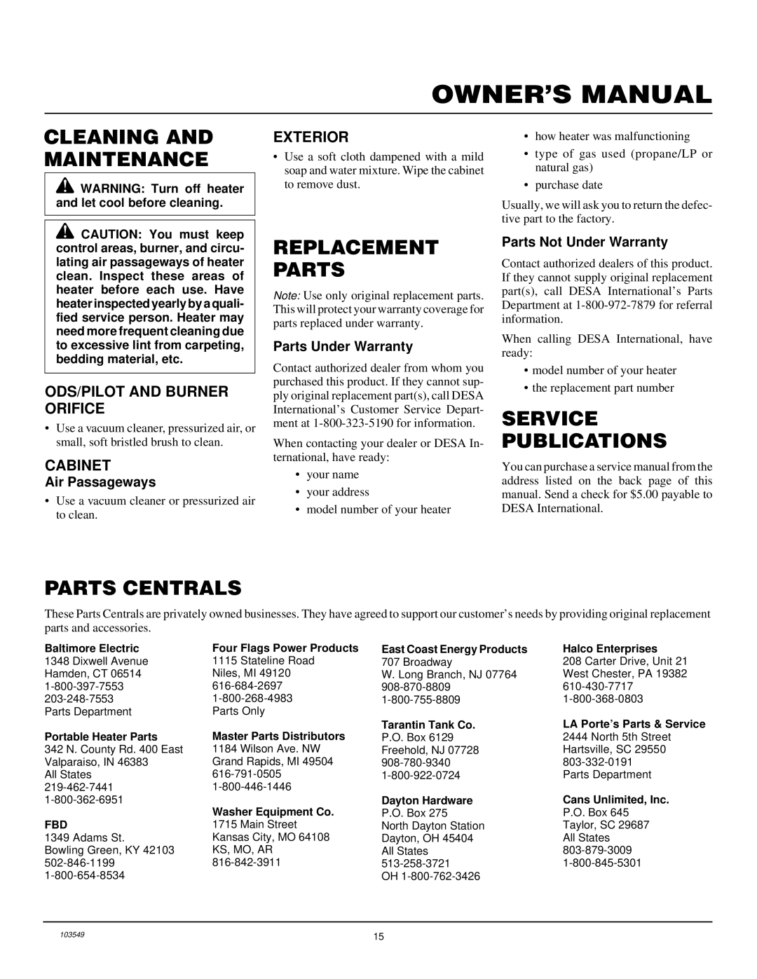 Desa CGN10RL installation manual Cleaning and Maintenance, Replacement Parts, Service Publications Parts Centrals 