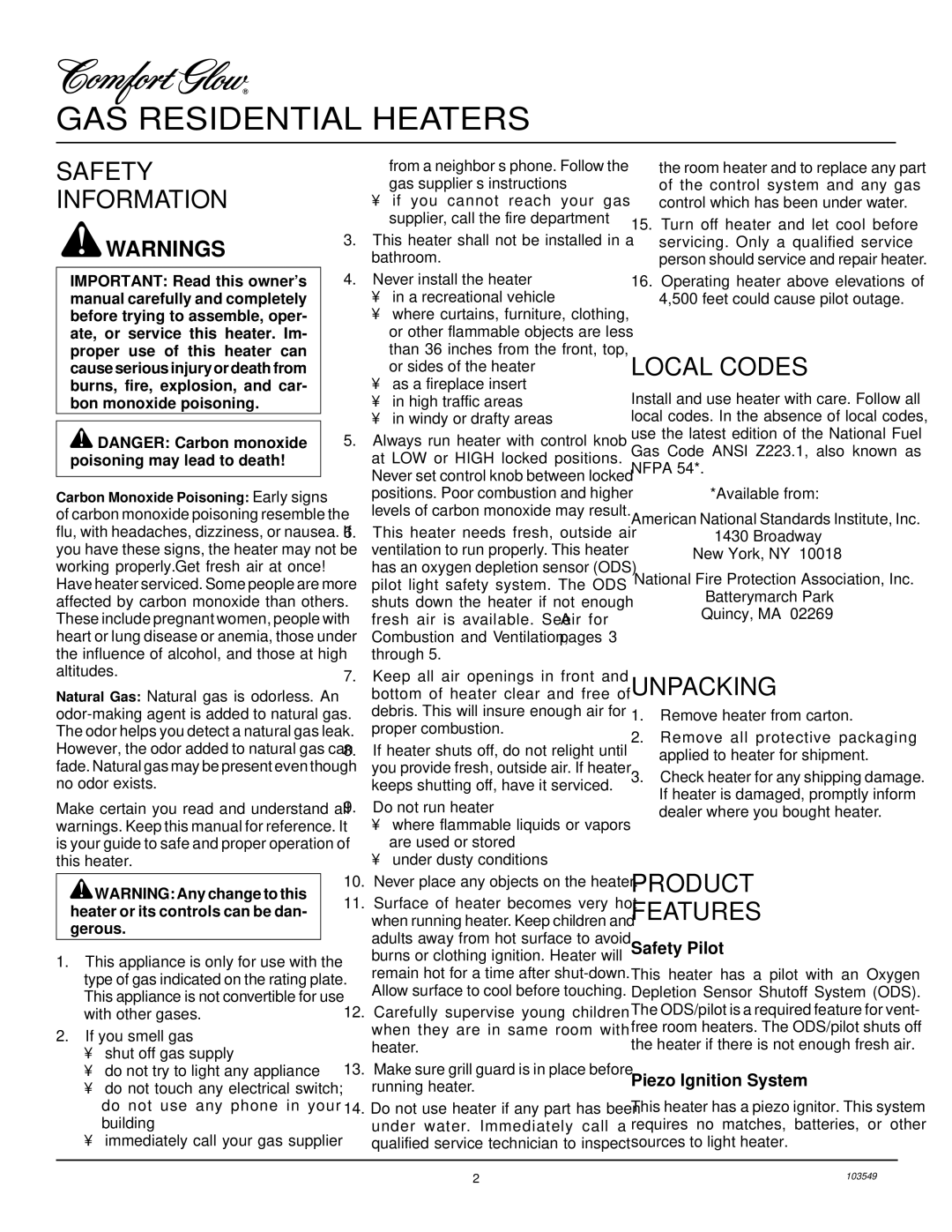 Desa CGN10RL installation manual Safety Information, Local Codes, Unpacking, Product Features 