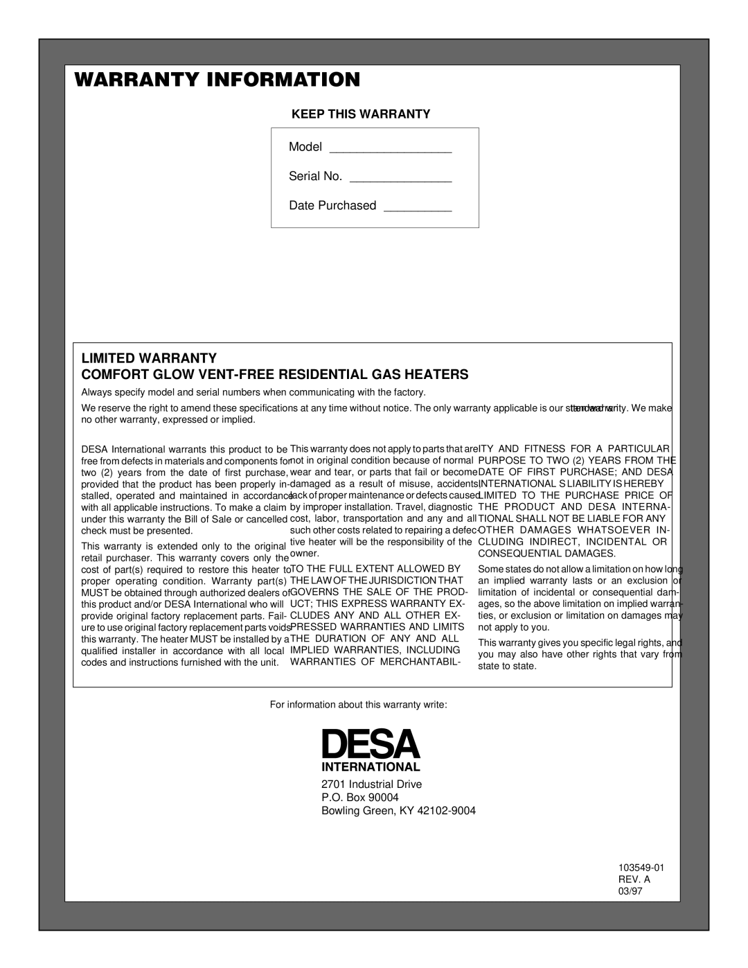 Desa CGN10RL installation manual Warranty Information 