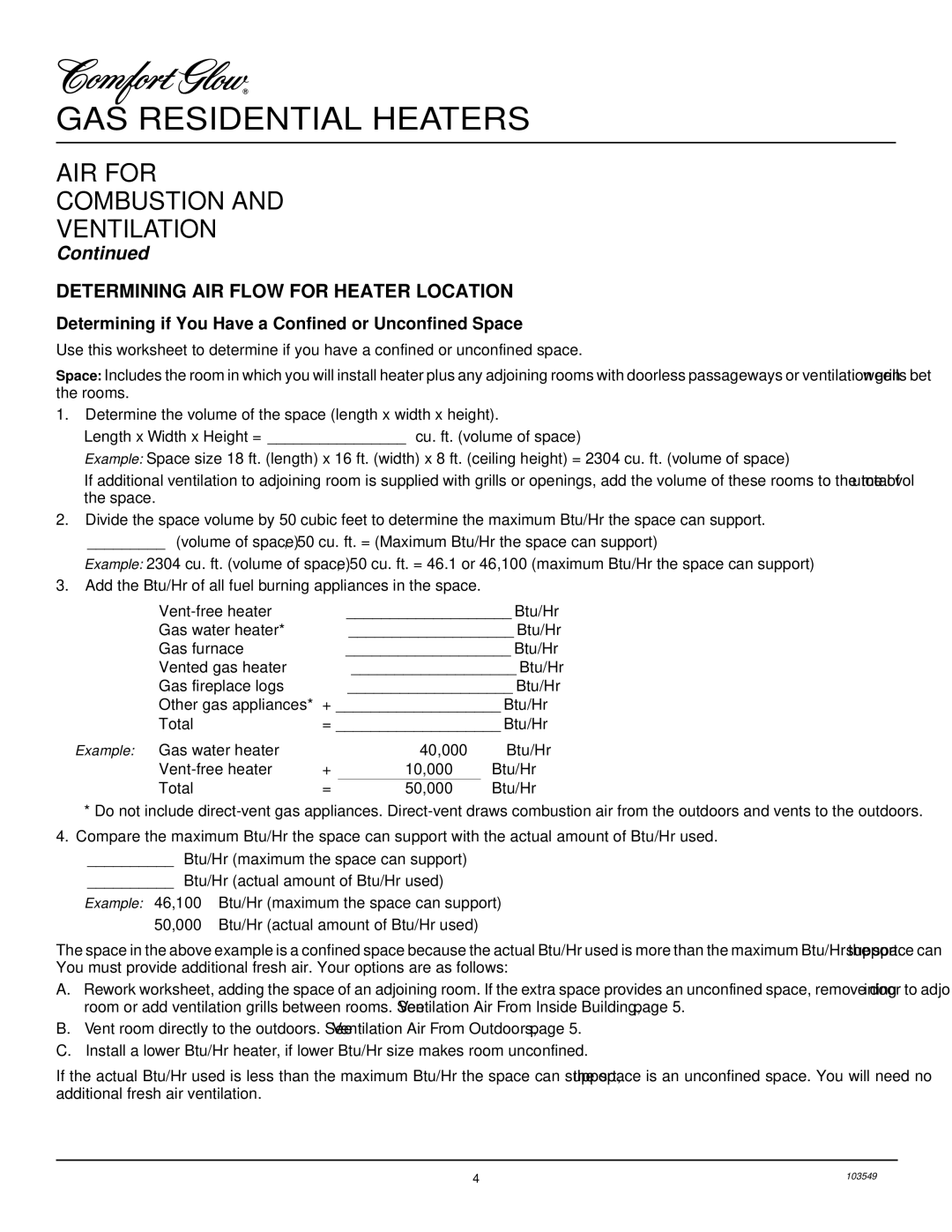 Desa CGN10RL installation manual AIR for Combustion Ventilation, Determining AIR Flow for Heater Location 