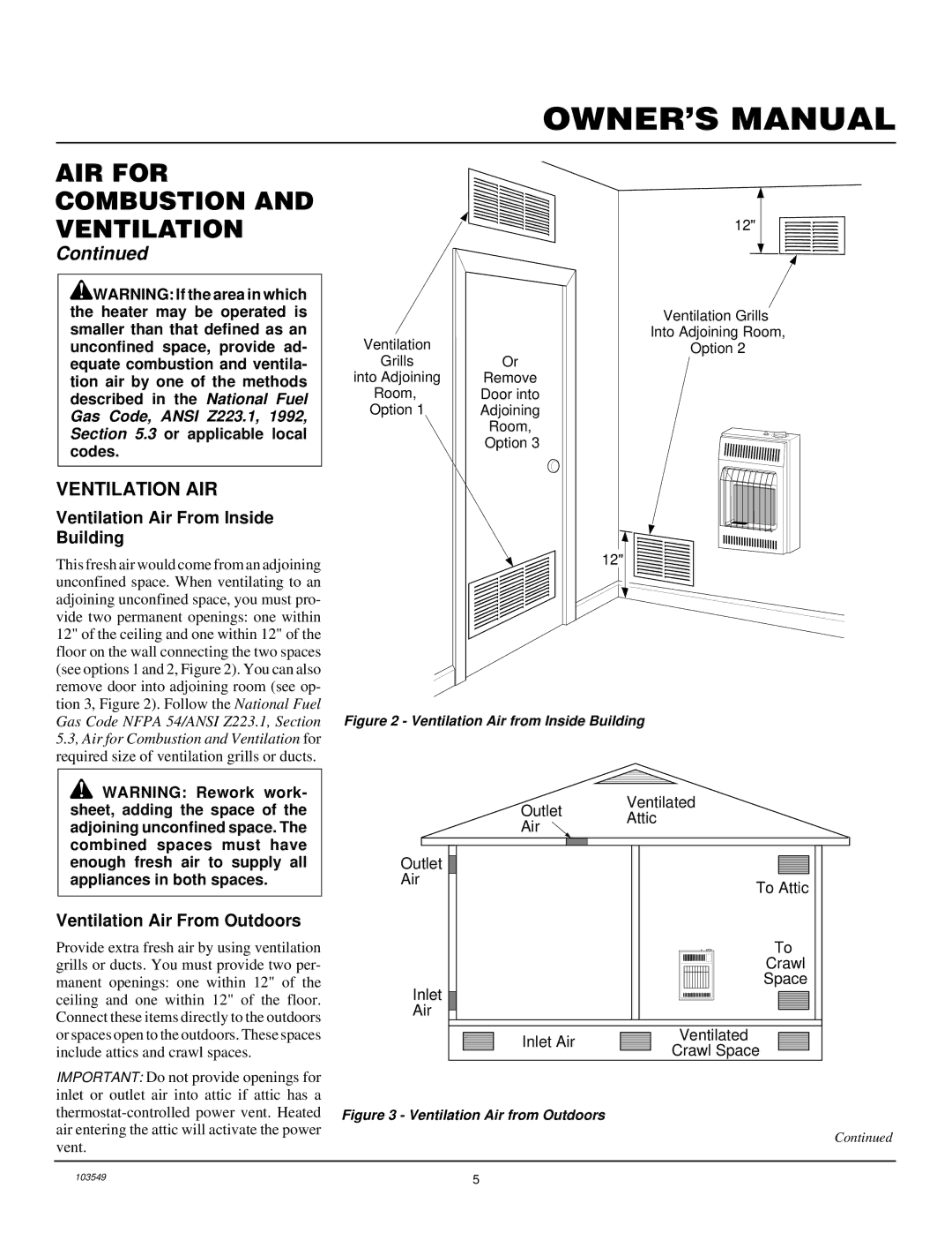 Desa CGN10RL installation manual Ventilation AIR, Ventilation Air From Inside Building, Ventilation Air From Outdoors 