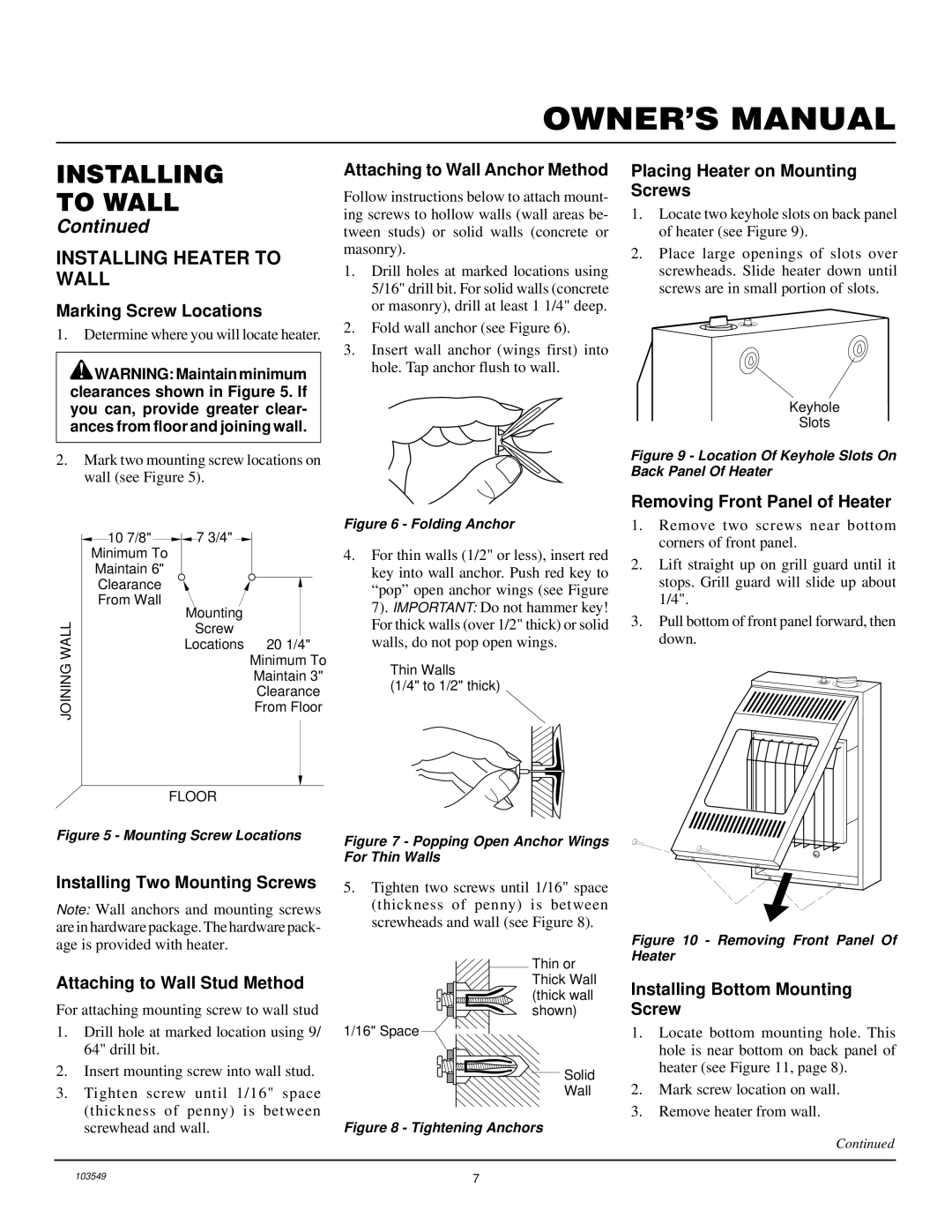 Desa CGN10RL installation manual Installing Heater to Wall 