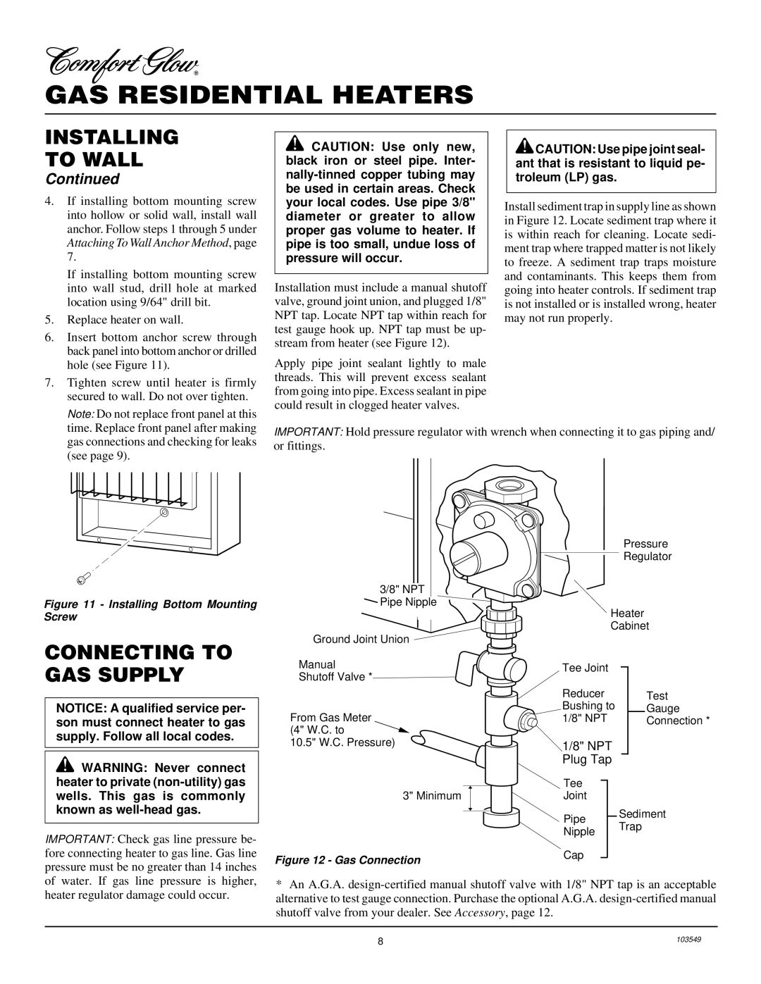 Desa CGN10RL installation manual Connecting to GAS Supply, NPT Plug Tap 