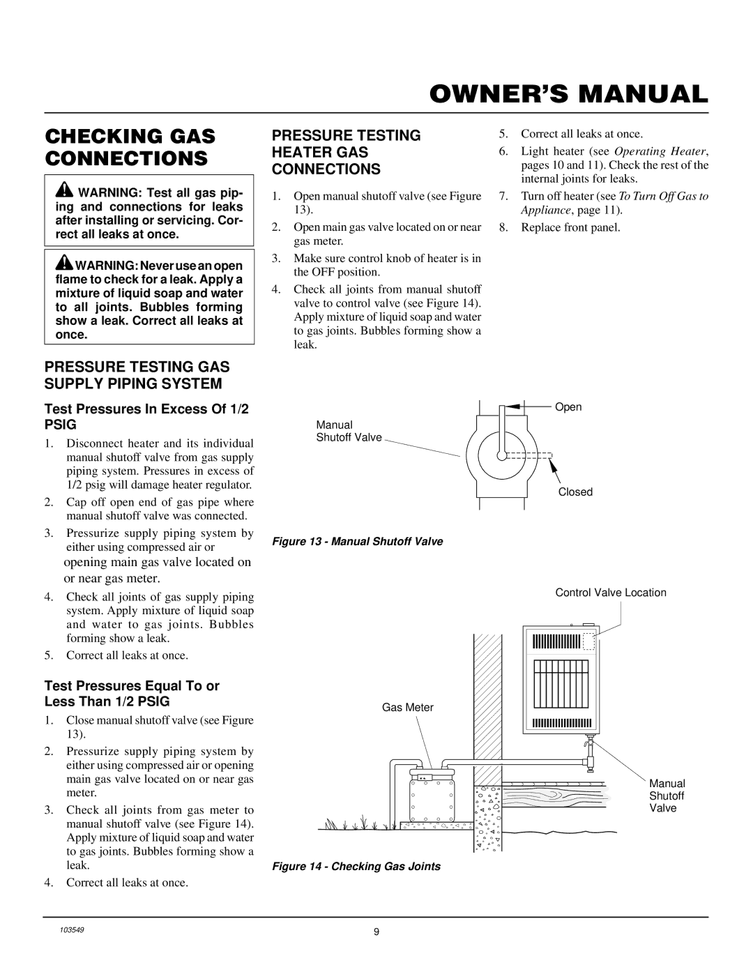 Desa CGN10RL Checking GAS Connections, Pressure Testing Heater GAS Connections, Pressure Testing GAS Supply Piping System 