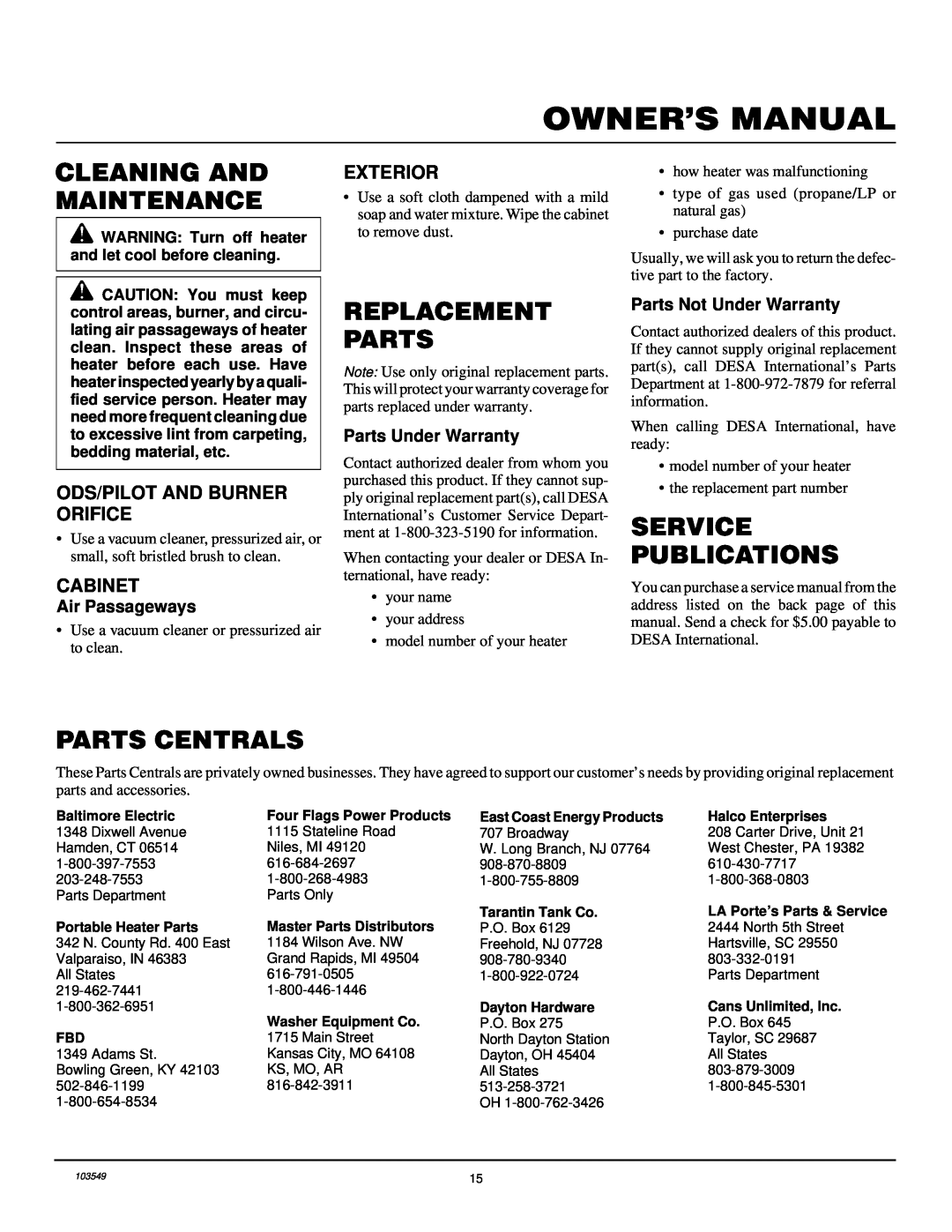 Desa CGN10RL Cleaning And Maintenance, Replacement Parts, Service Publications, Parts Centrals, Air Passageways 