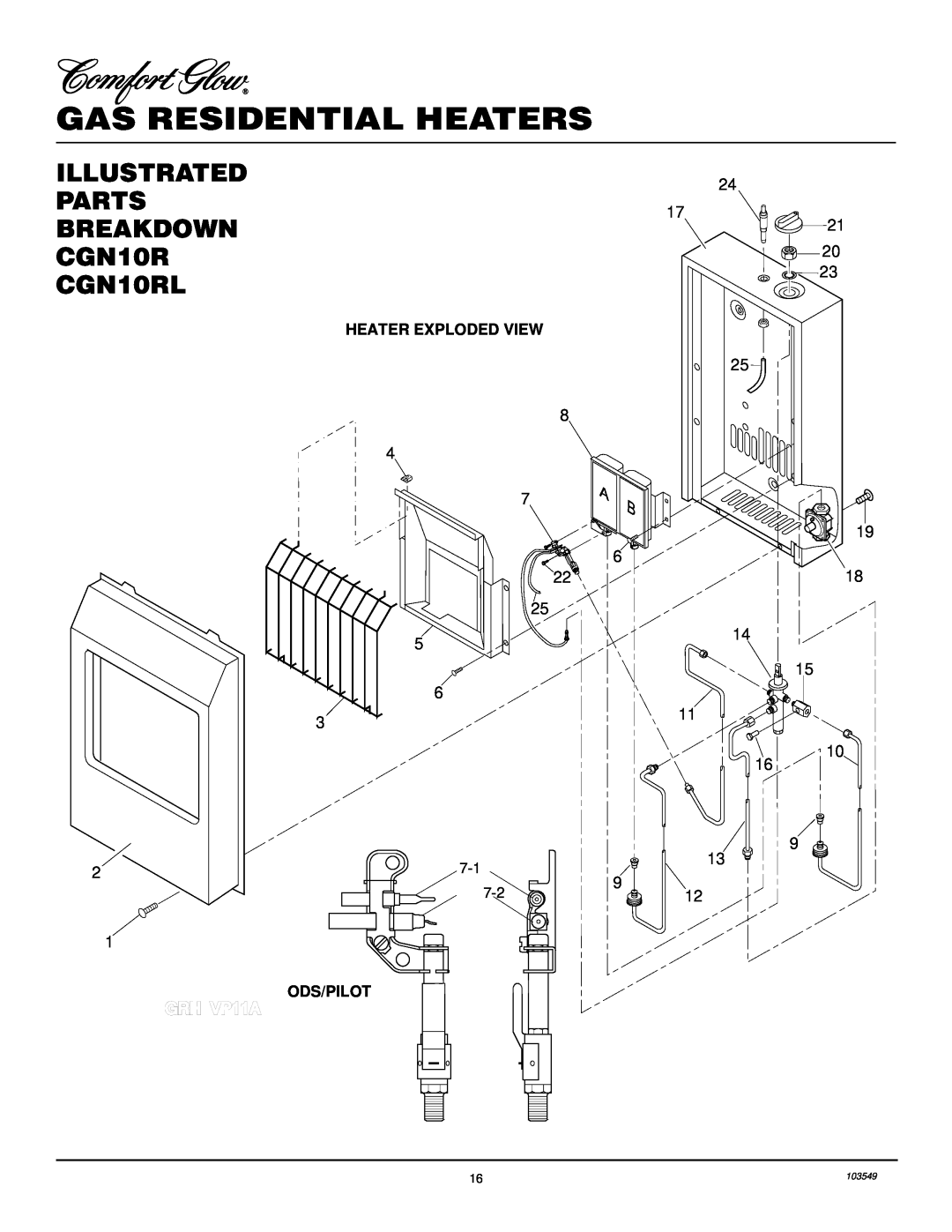 Desa ILLUSTRATED PARTS BREAKDOWN CGN10R CGN10RL, Gas Residential Heaters, 8 4 7 22, 24 17, 19 6 18 14 15 11 10 9 9 