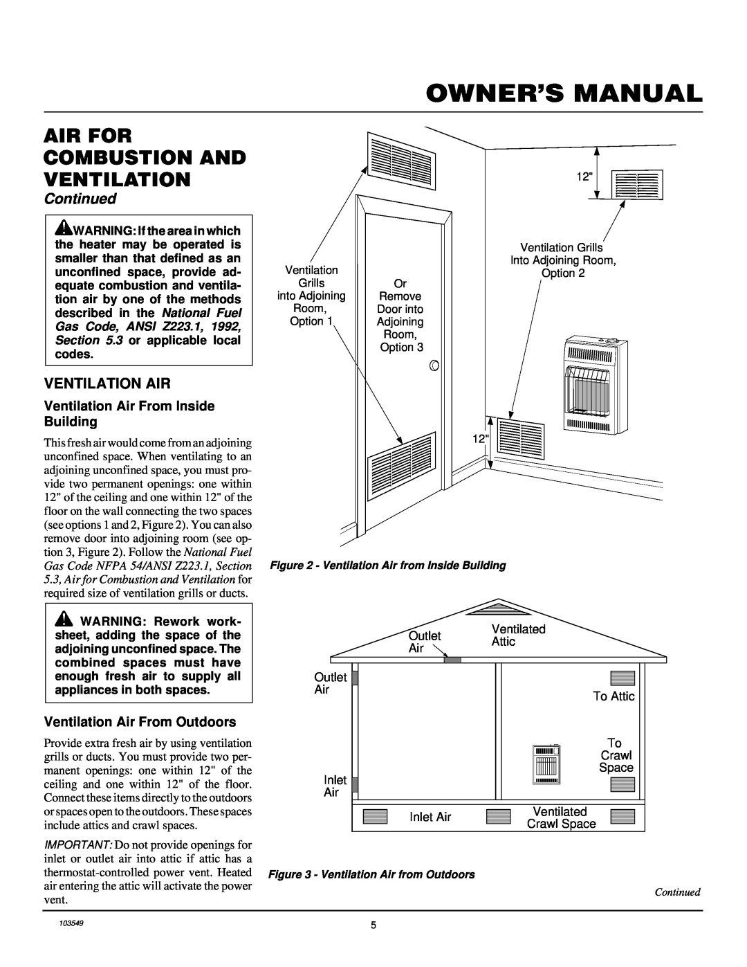 Desa CGN10RL installation manual Air For Combustion And Ventilation, Continued, Ventilation Air From Inside Building 