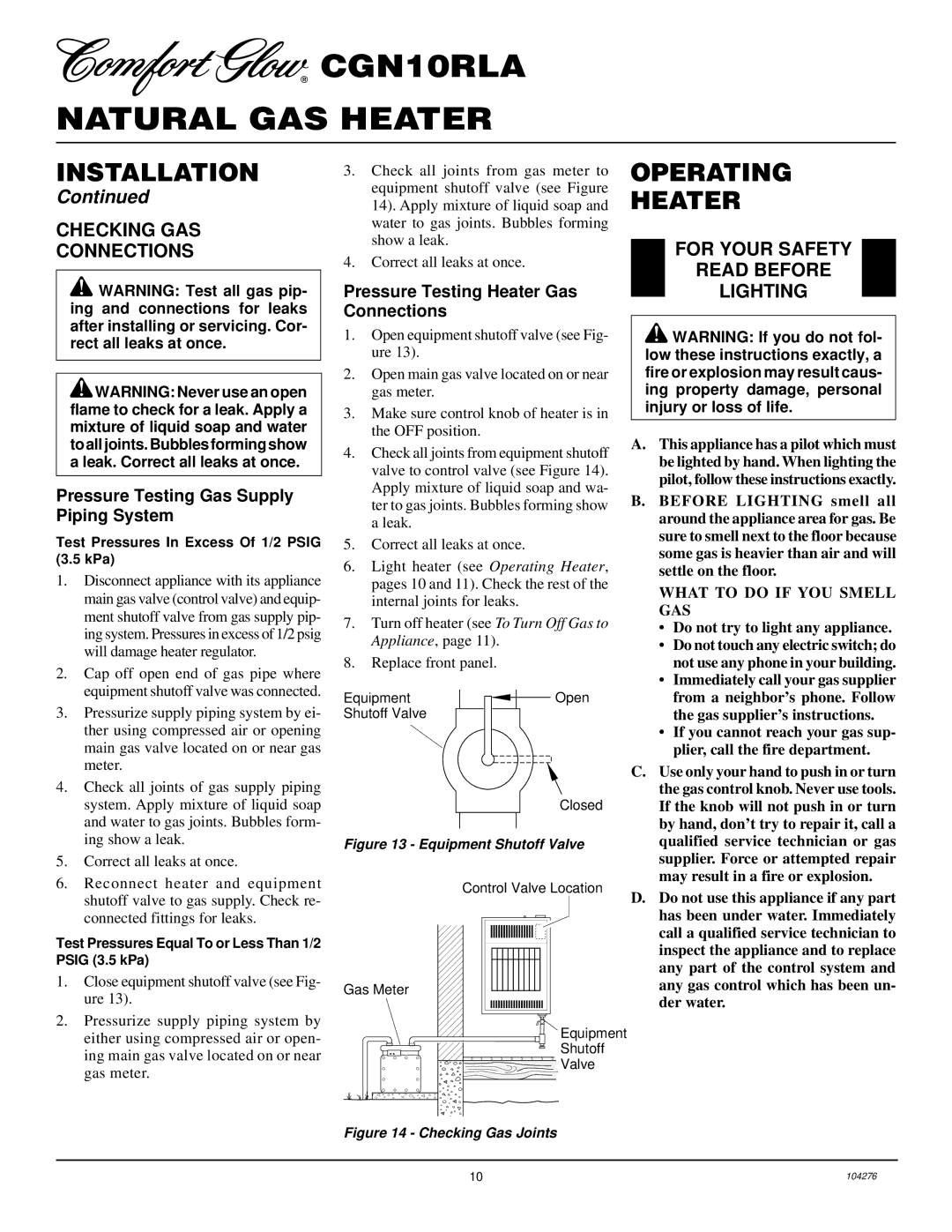 Desa CGN10RLA installation manual Operating Heater, Checking GAS Connections, For Your Safety Read Before Lighting 