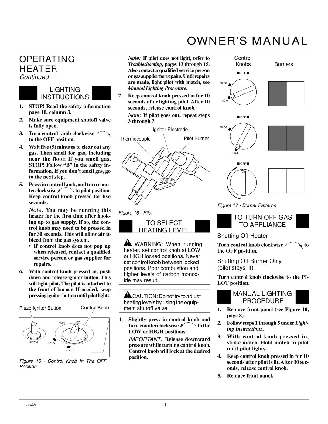 Desa CGN10RLA Lighting Instructions, To Select Heating Level, To Turn OFF GAS To Appliance, Manual Lighting Procedure 