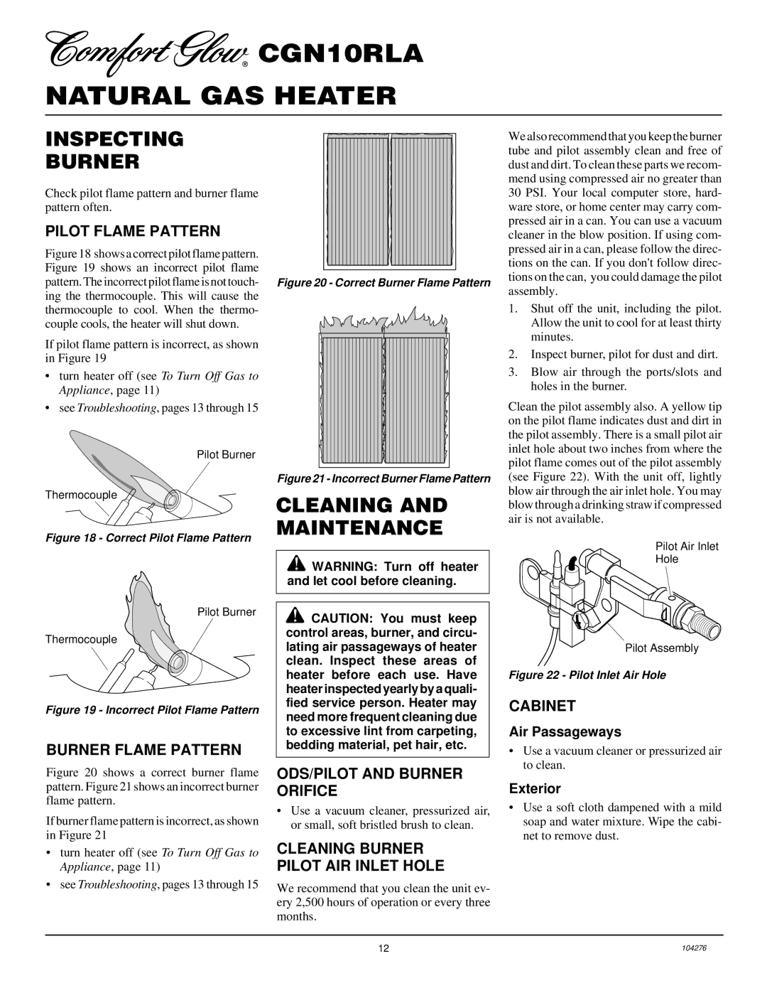 Desa CGN10RLA installation manual Inspecting Burner, Cleaning and Maintenance 