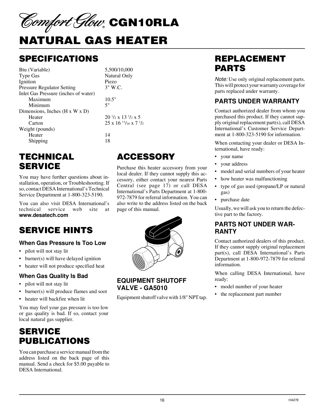 Desa CGN10RLA Specifications, Replacement Parts, Technical Service, Service Hints, Service Publications Accessory 