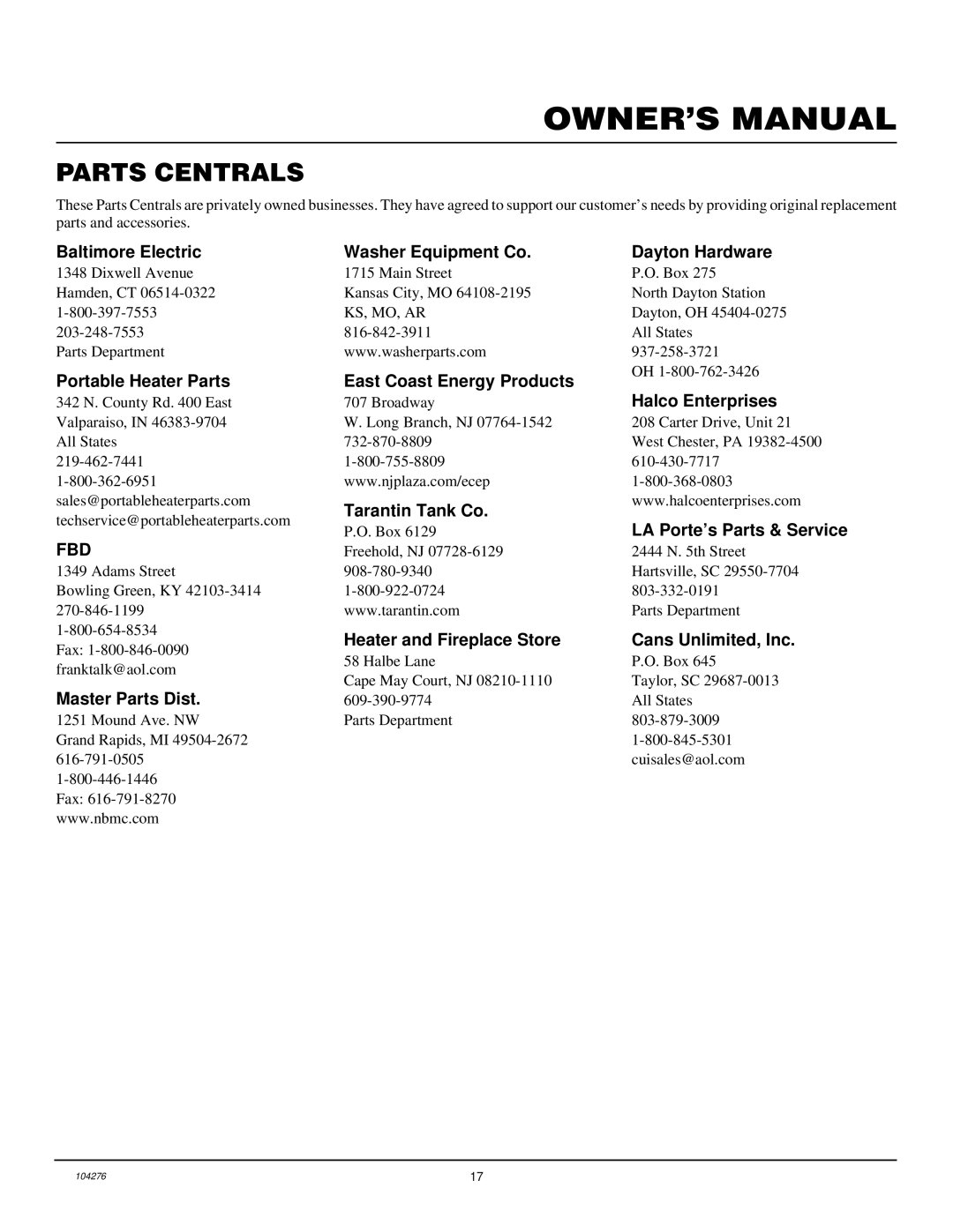 Desa CGN10RLA Parts Centrals, Baltimore Electric Washer Equipment Co Dayton Hardware, Tarantin Tank Co, Master Parts Dist 