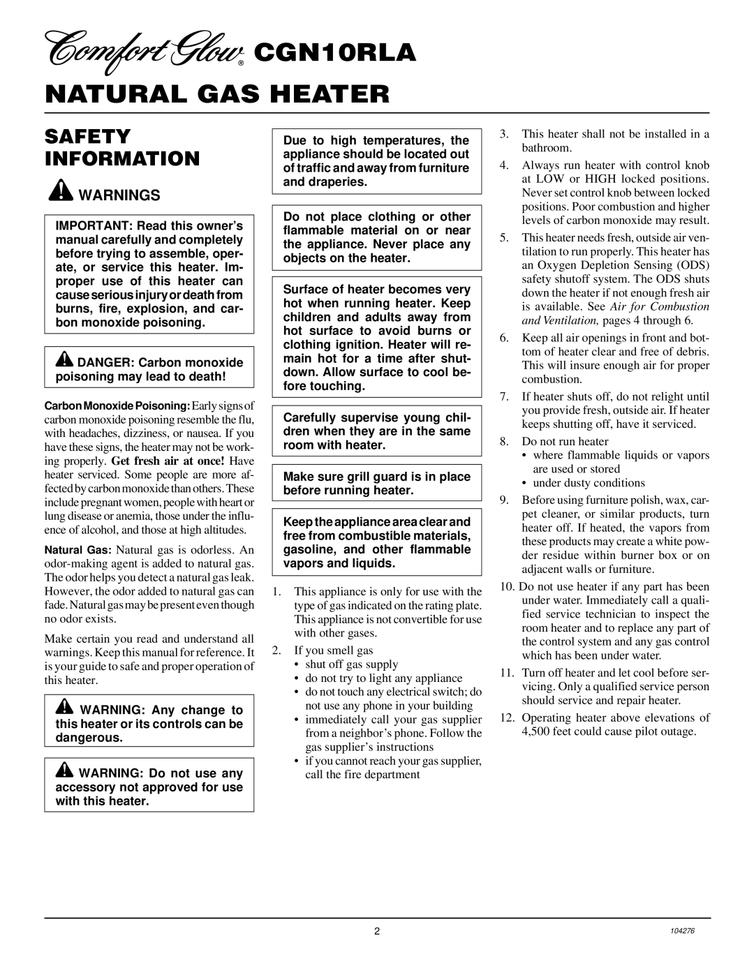 Desa CGN10RLA installation manual Natural GAS Heater, Safety Information 