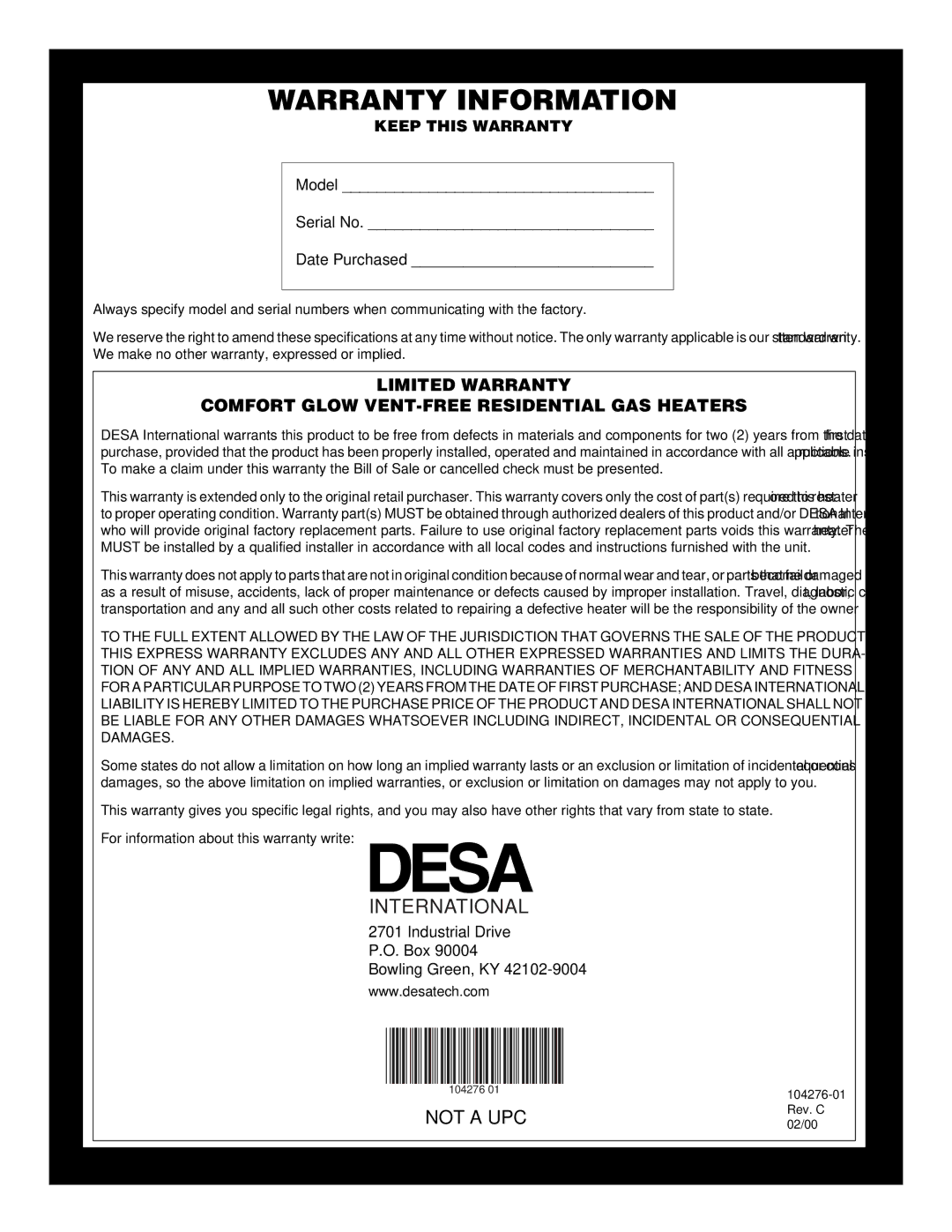 Desa CGN10RLA installation manual Warranty Information 