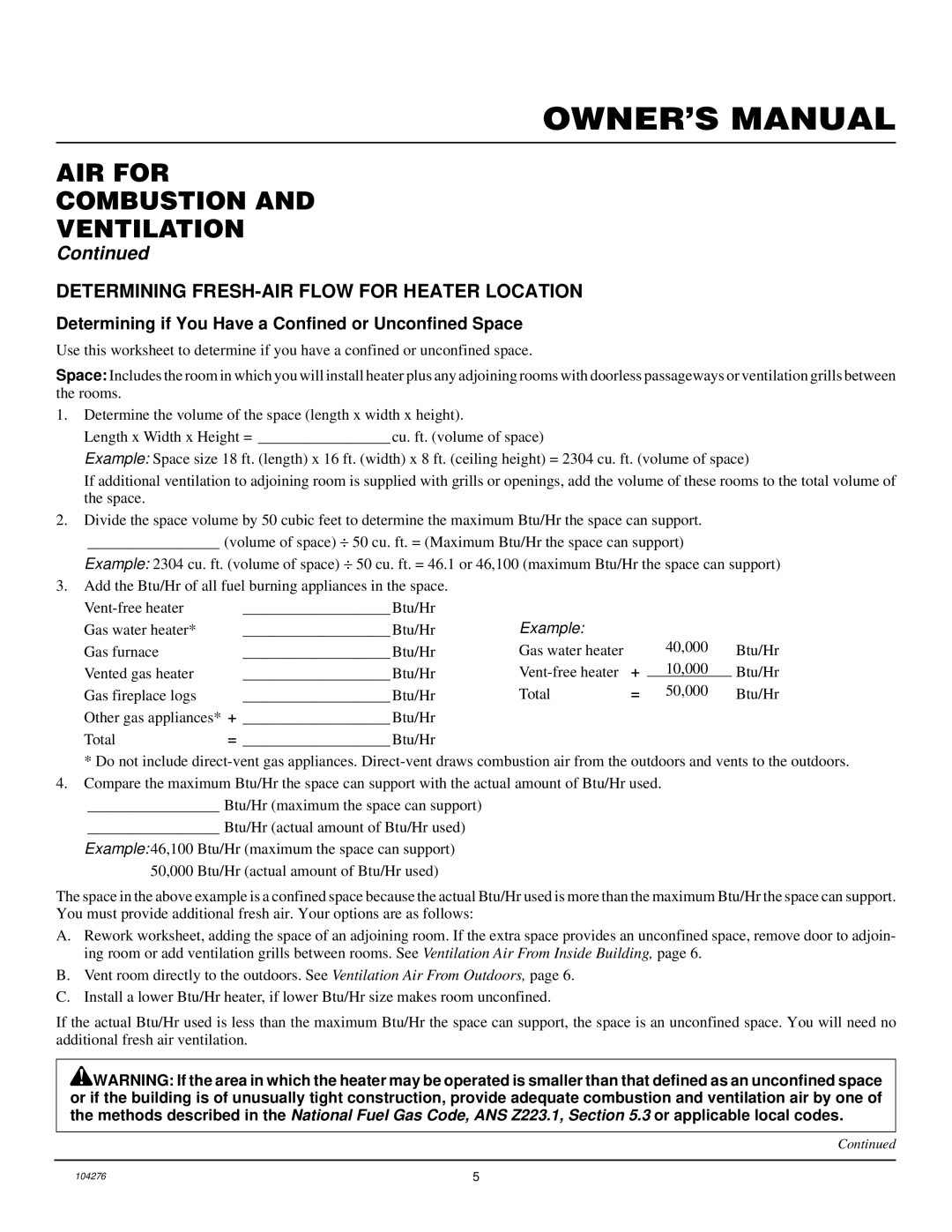 Desa CGN10RLA installation manual AIR for Combustion Ventilation, Determining FRESH-AIR Flow for Heater Location 