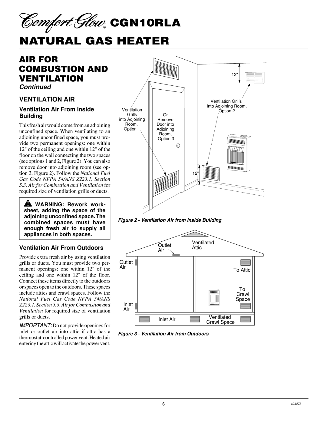 Desa CGN10RLA installation manual Ventilation AIR, Ventilation Air From Inside Building, Ventilation Air From Outdoors 