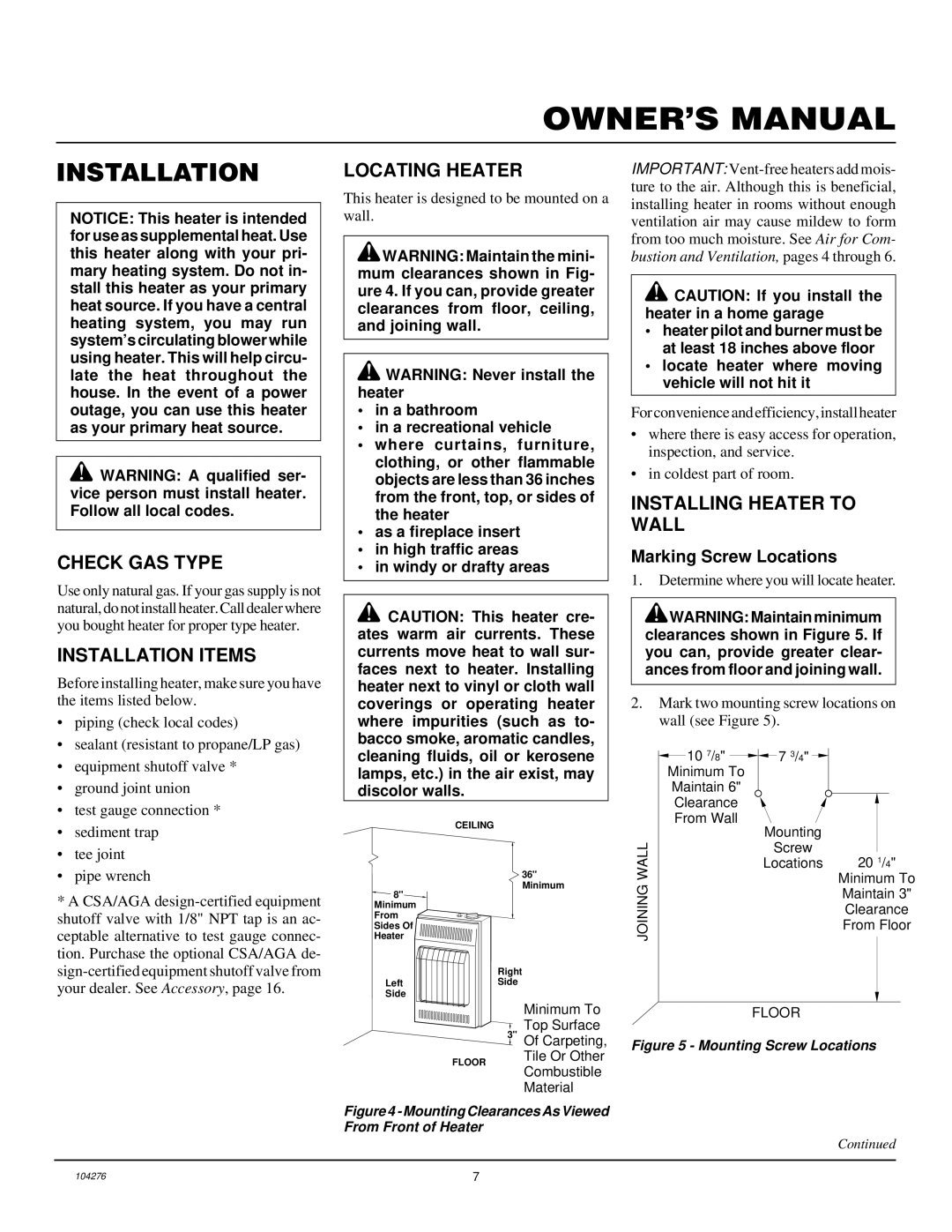 Desa CGN10RLA installation manual Check GAS Type, Installation Items, Locating Heater, Installing Heater to Wall 