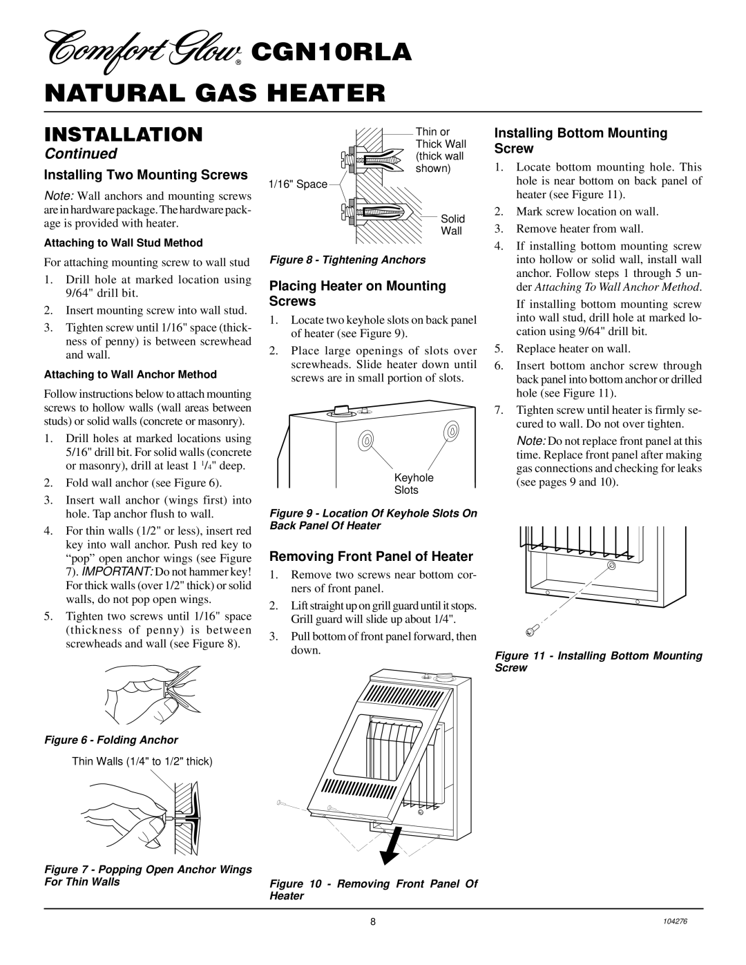 Desa CGN10RLA Installing Two Mounting Screws, Placing Heater on Mounting Screws, Removing Front Panel of Heater 