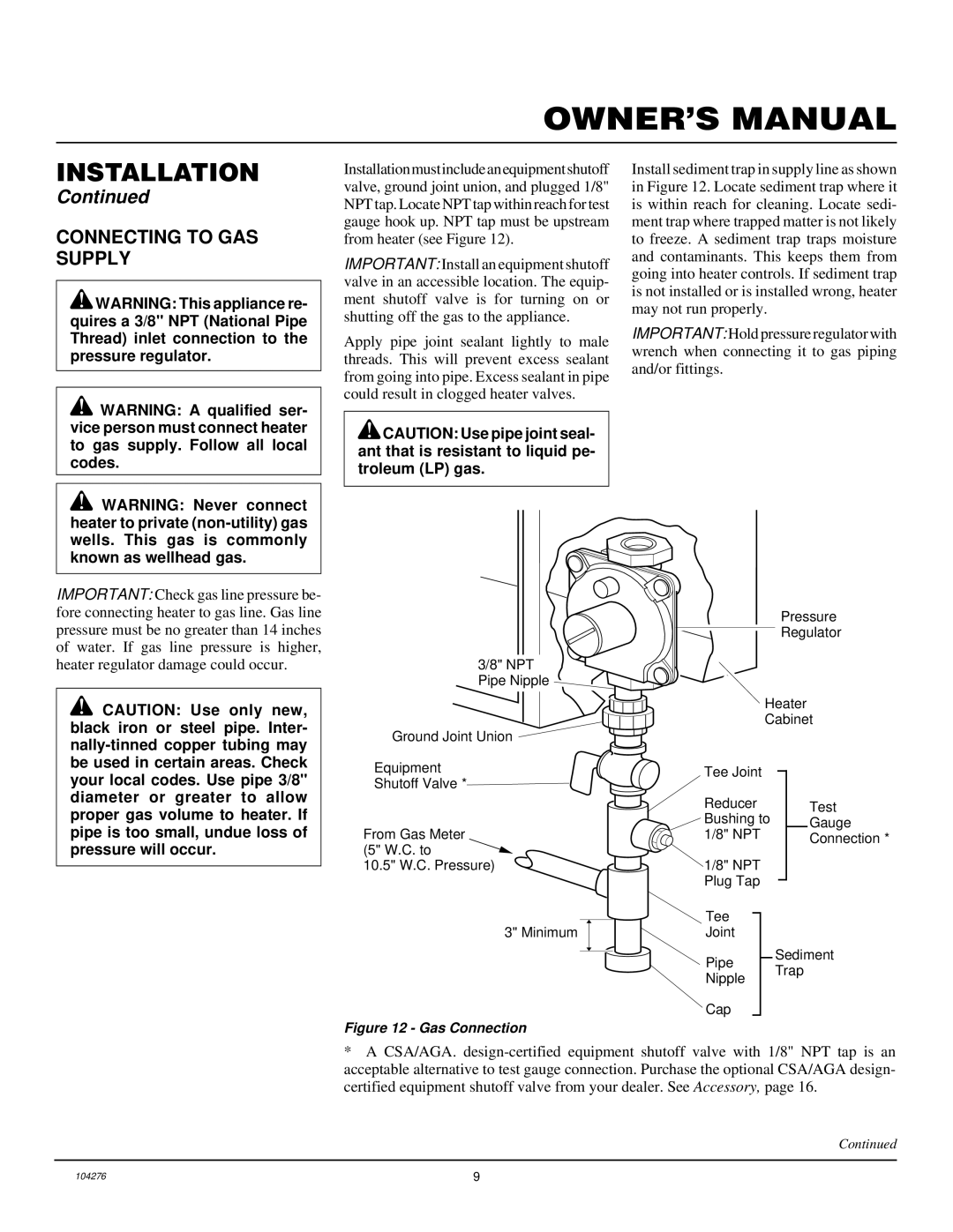 Desa CGN10RLA installation manual Connecting to GAS Supply, Gas Connection 