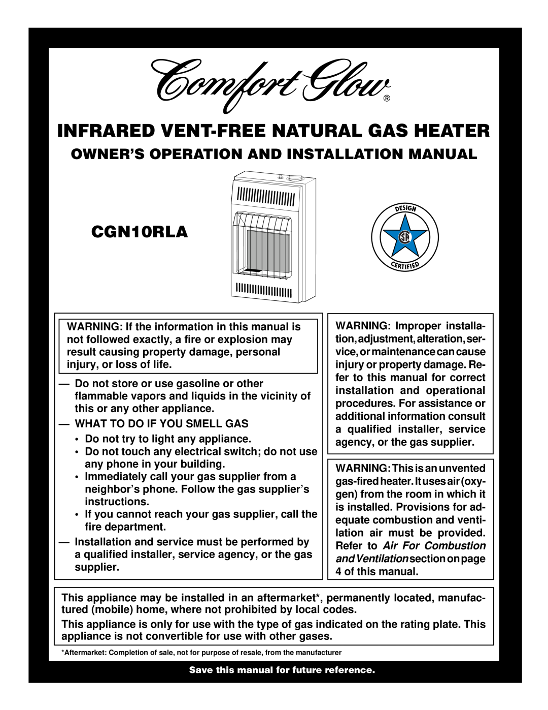 Desa CGN10RLA installation manual Infrared Vent-Freenatural Gas Heater, Owner’S Operation And Installation Manual 