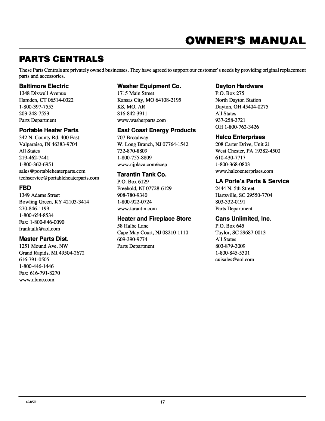 Desa CGN10RLA Parts Centrals, Baltimore Electric, Washer Equipment Co, Dayton Hardware, Portable Heater Parts 