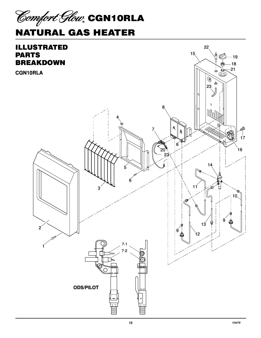 Desa installation manual Illustrated Parts Breakdown, CGN10RLA NATURAL GAS HEATER, Ods/Pilot 