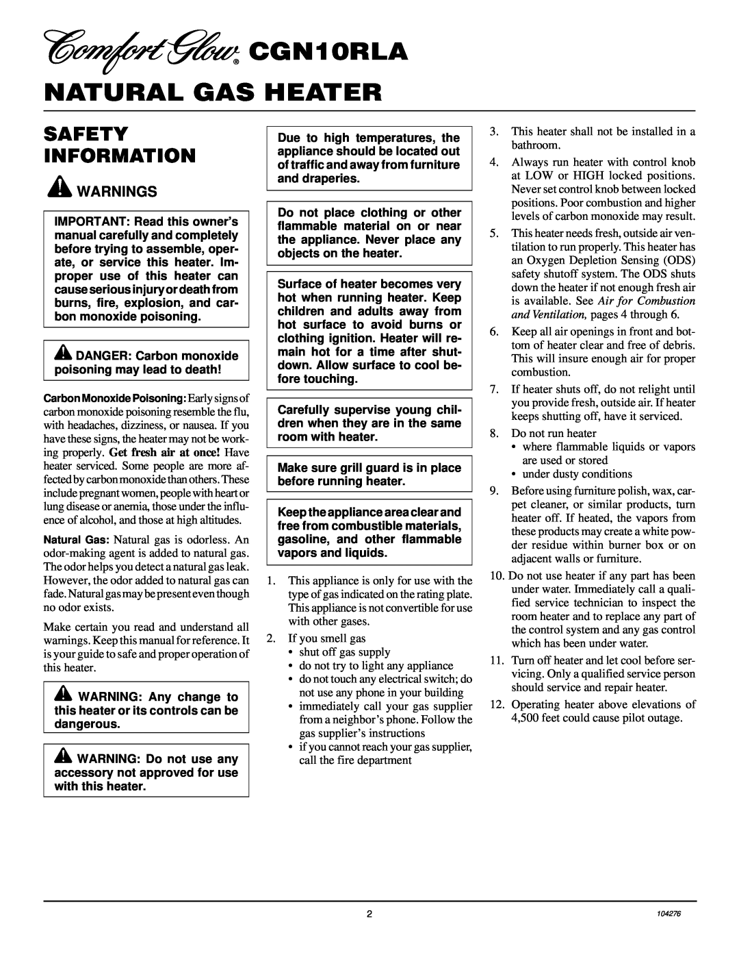 Desa installation manual CGN10RLA NATURAL GAS HEATER, Safety Information 