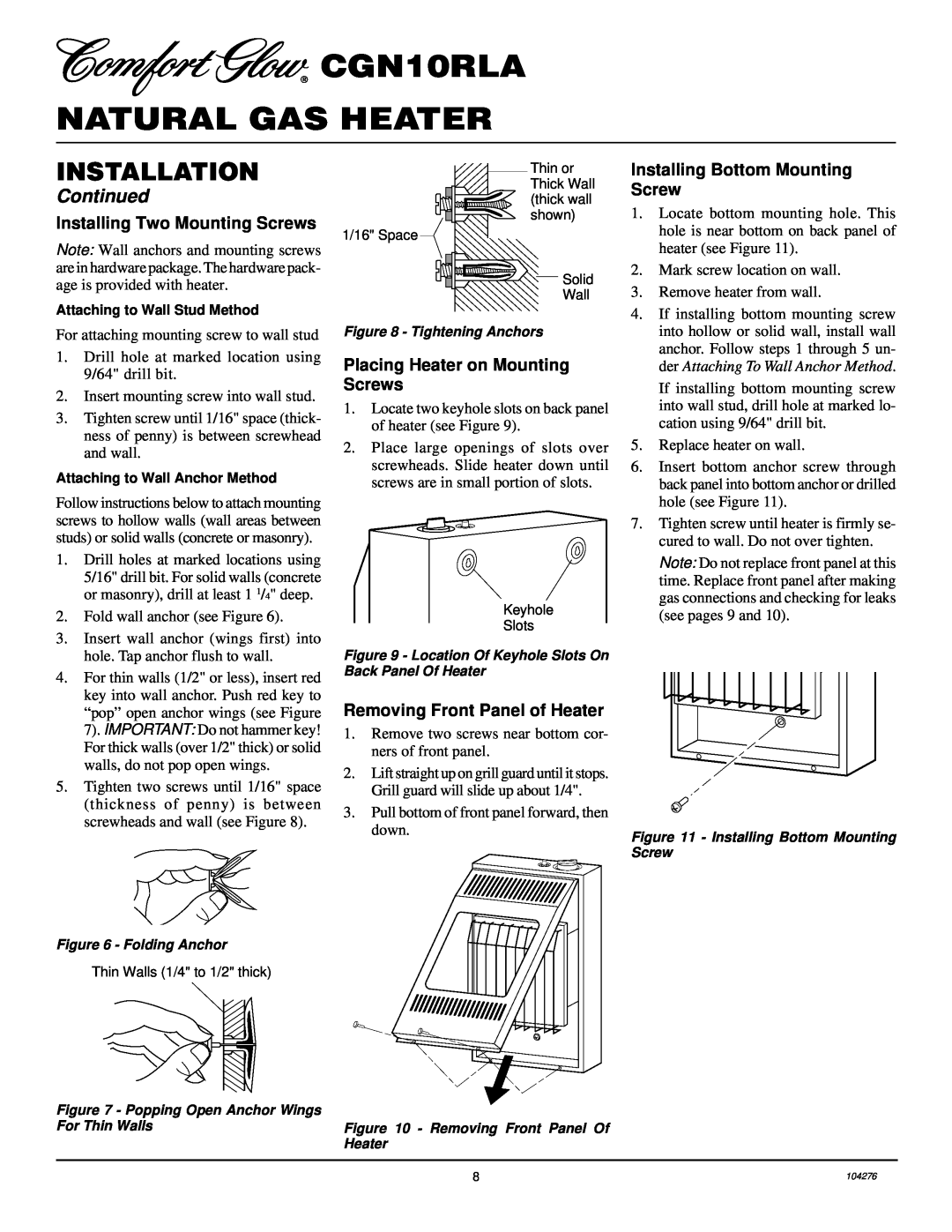 Desa installation manual CGN10RLA NATURAL GAS HEATER, Installation, Continued, Installing Two Mounting Screws 