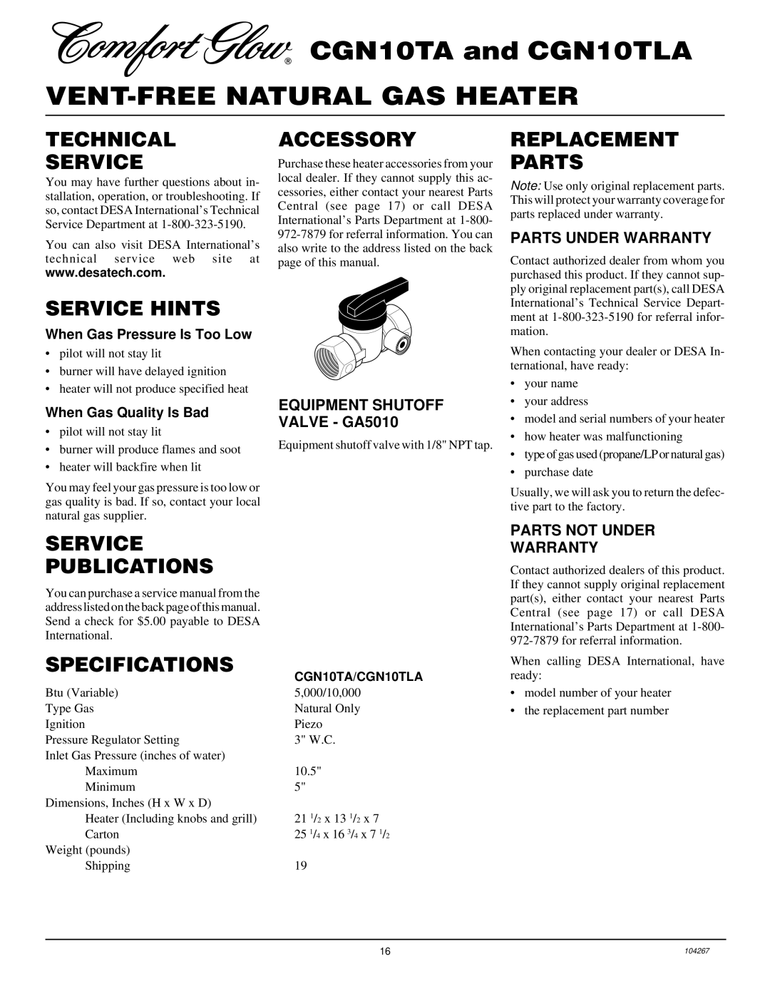 Desa CGN10TLA, CGN10TA Technical Service, Service Hints, Accessory, Replacement Parts, Service Publications Specifications 