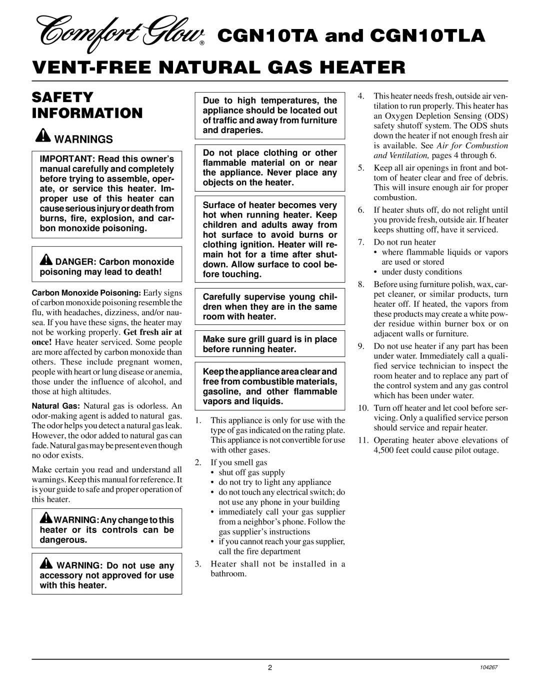 Desa CGN10TLA, CGN10TA installation manual VENT-FREE Natural GAS Heater, Safety Information 