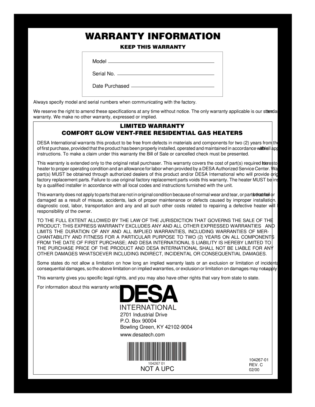 Desa CGN10TLA, CGN10TA installation manual Warranty Information 