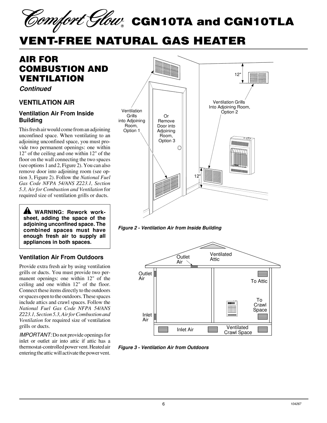 Desa CGN10TLA, CGN10TA Ventilation AIR, Ventilation Air From Inside Building, Ventilation Air From Outdoors 