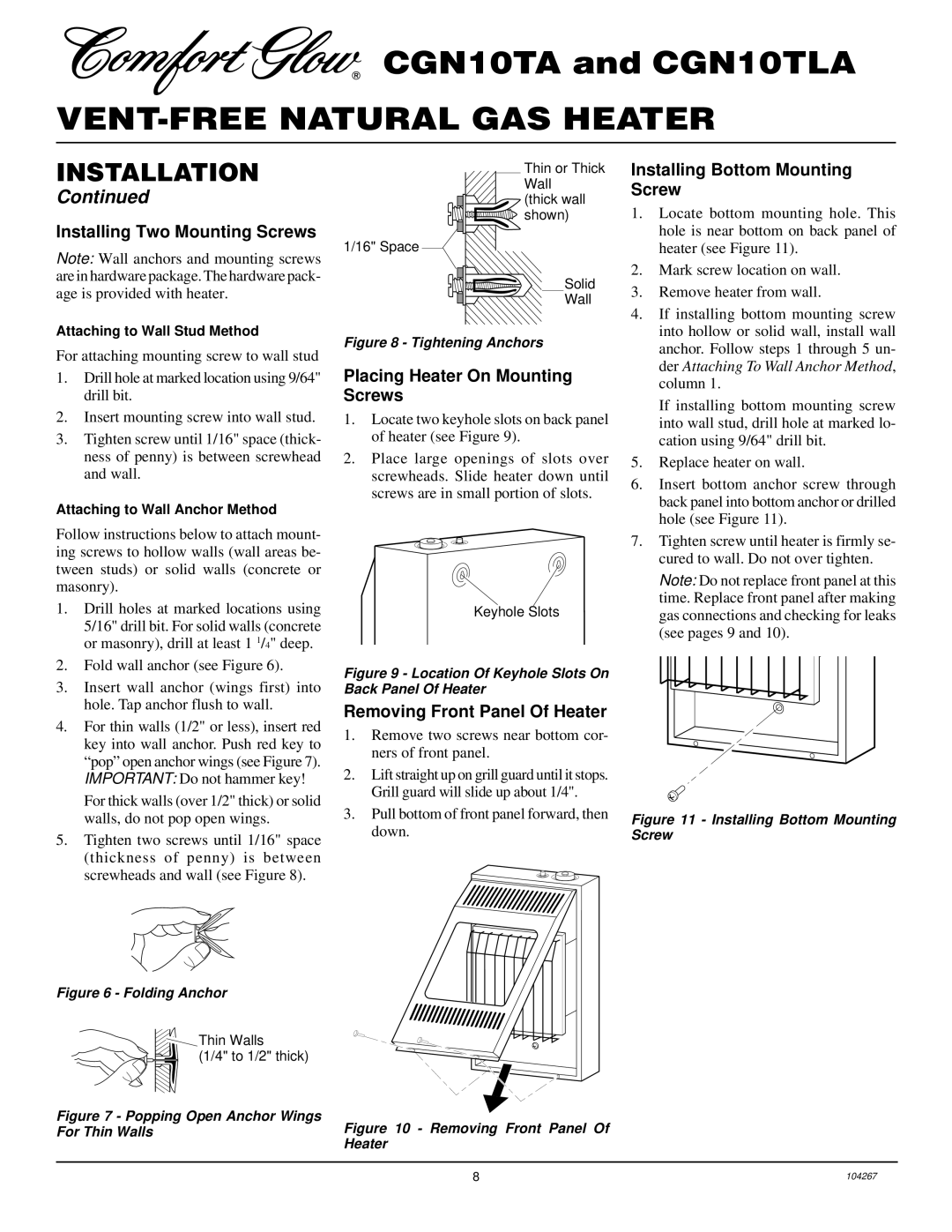 Desa CGN10TLA, CGN10TA Installing Two Mounting Screws, Installing Bottom Mounting Screw, Placing Heater On Mounting Screws 