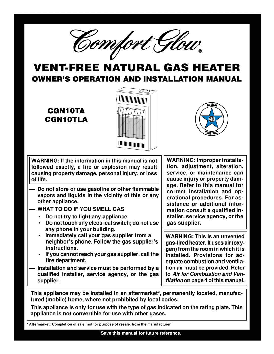 Desa installation manual CGN10TA CGN10TLA, What To Do If You Smell Gas, Do not try to light any appliance 