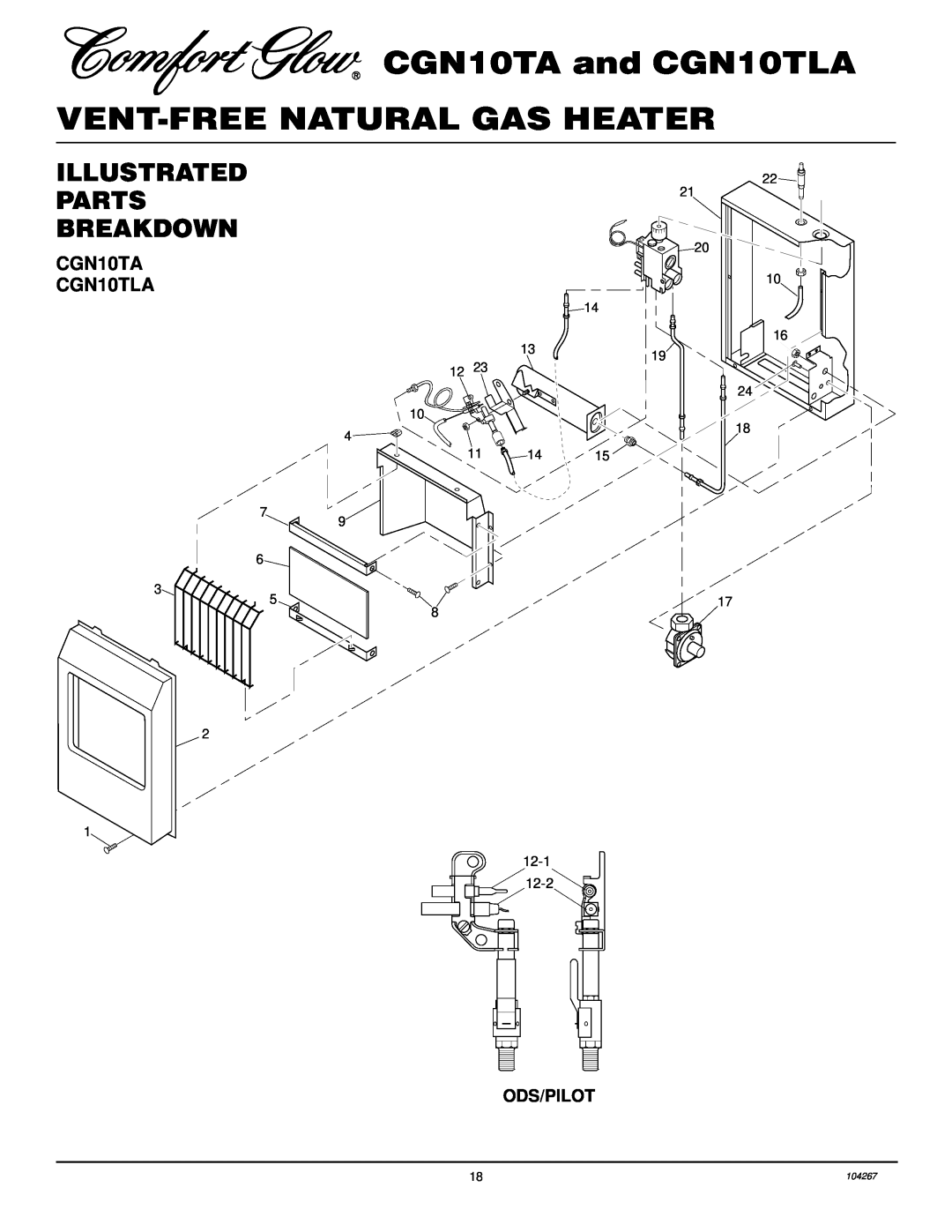 Desa installation manual Illustrated, Parts, Breakdown, CGN10TA and CGN10TLA VENT-FREENATURAL GAS HEATER 