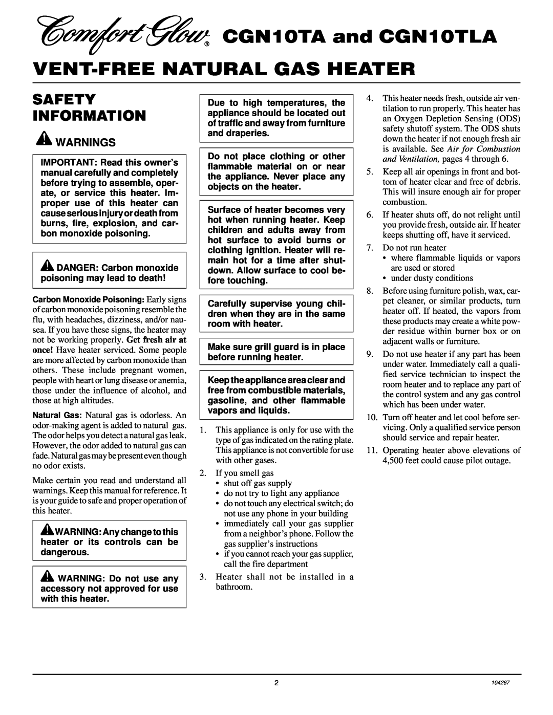 Desa installation manual CGN10TA and CGN10TLA VENT-FREENATURAL GAS HEATER, Safety Information, Warnings 