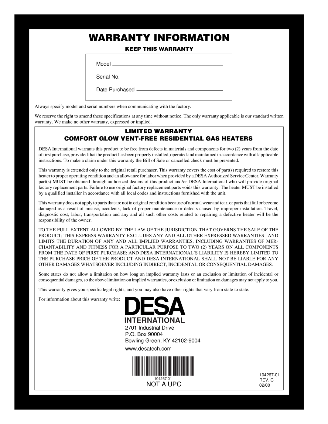 Desa CGN10TLA, CGN10TA installation manual Warranty Information, International, Not A Upc, Model Serial No Date Purchased 
