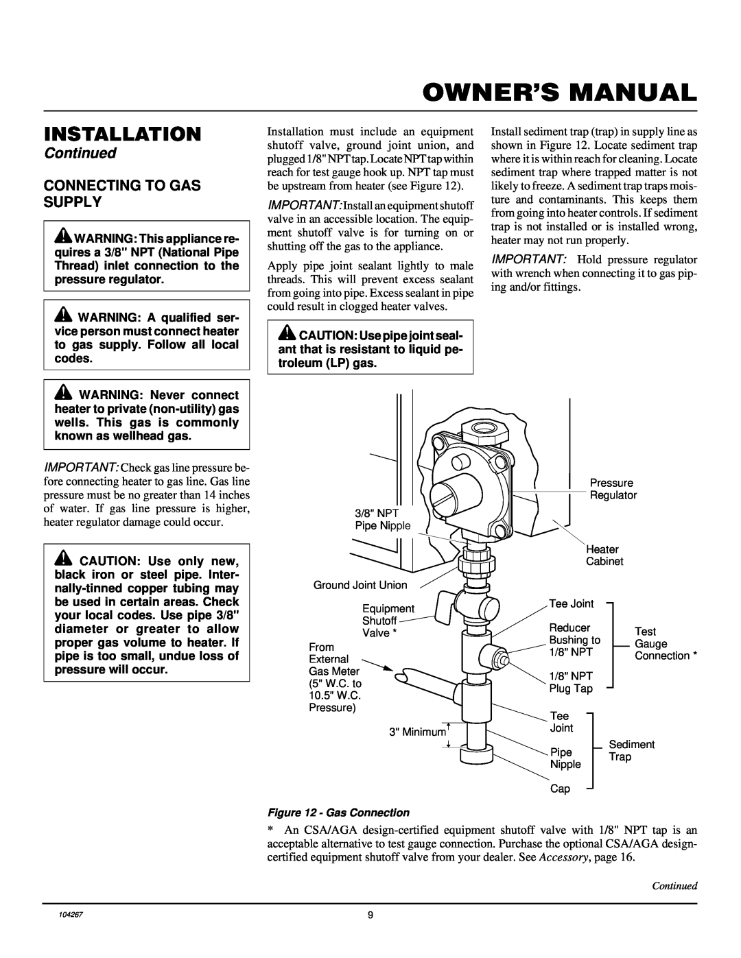Desa CGN10TA, CGN10TLA installation manual Connecting To Gas Supply, Installation, Continued, Gas Connection 