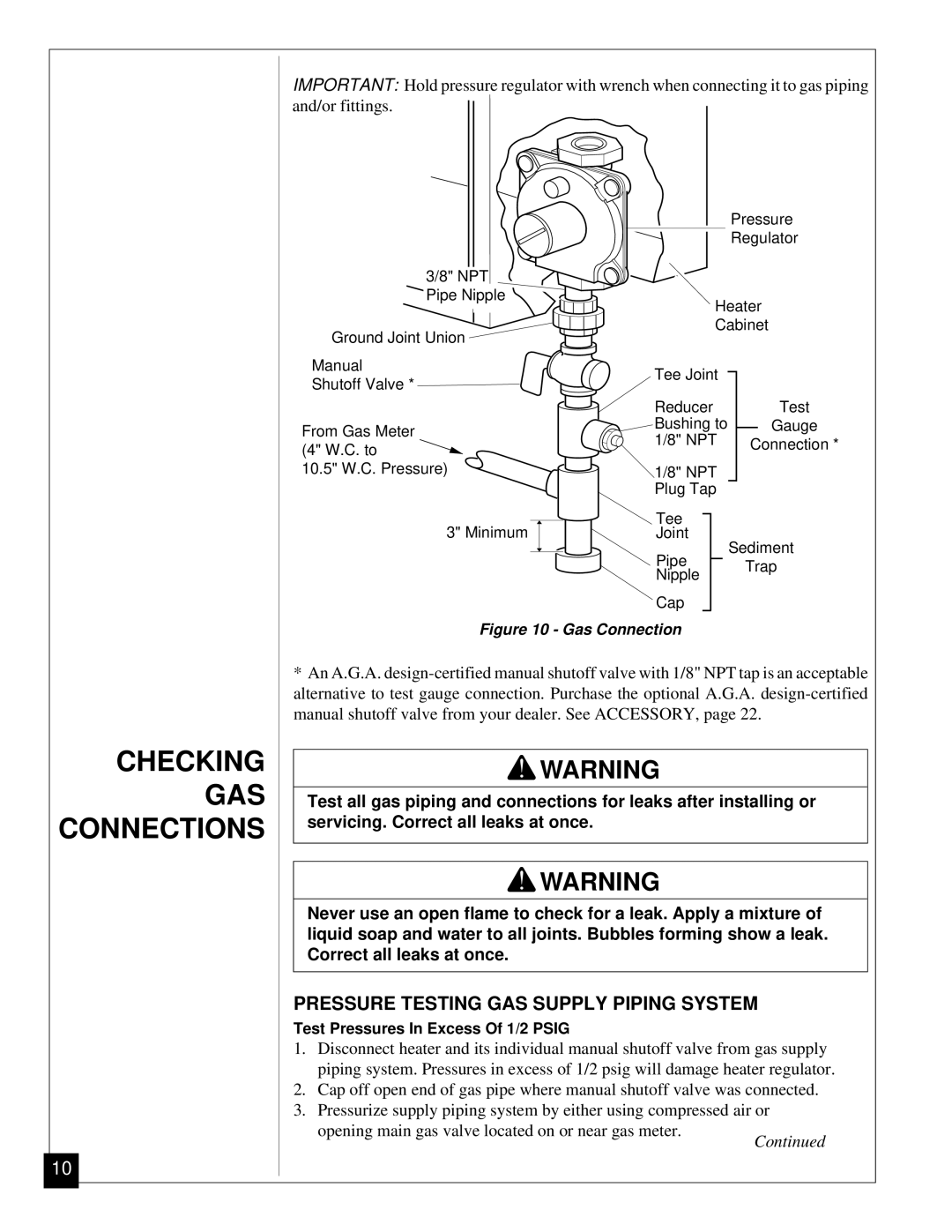 Desa CGN12 installation manual Checking GAS Connections, Pressure Testing GAS Supply Piping System 