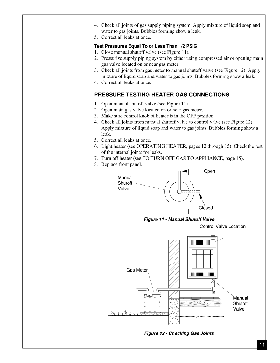 Desa CGN12 installation manual Pressure Testing Heater GAS Connections, Manual Shutoff Valve 