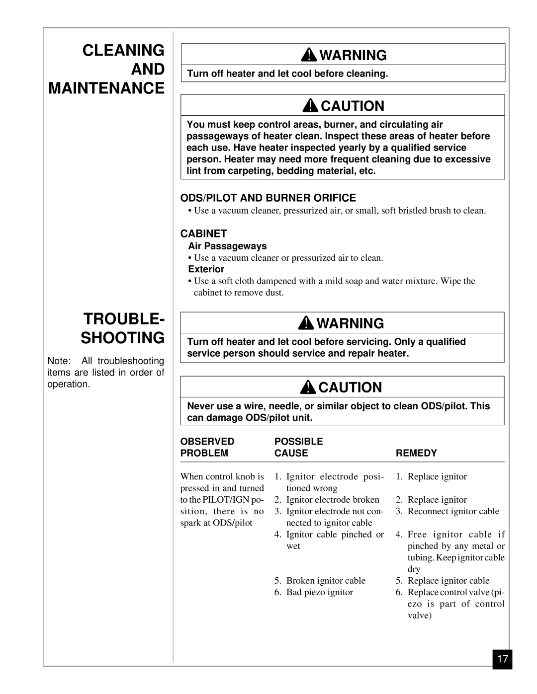 Desa CGN12 Cleaning and Maintenance Trouble Shooting, ODS/PILOT and Burner Orifice, Cabinet, Air Passageways, Exterior 