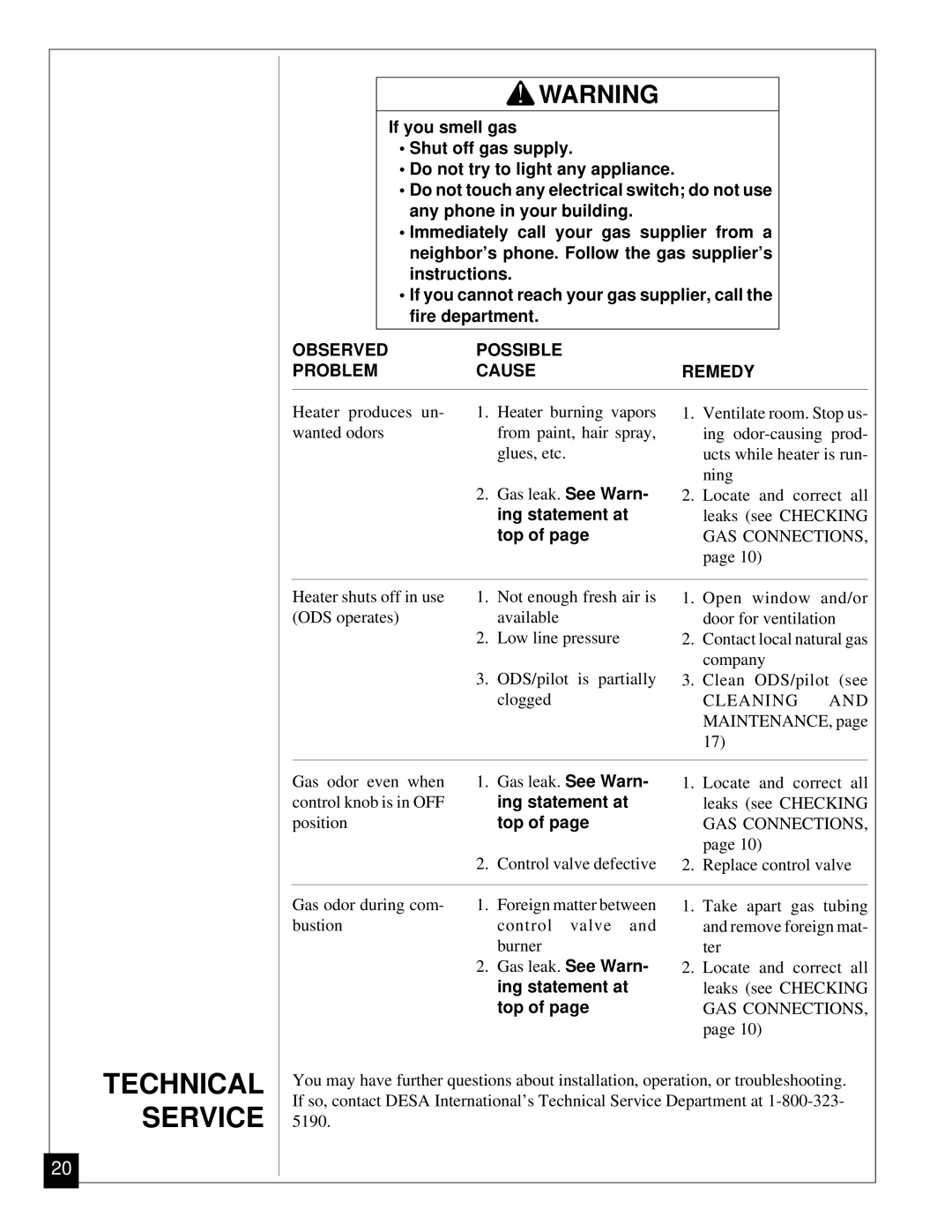 Desa CGN12 installation manual Technical Service, Ing statement at, Top 